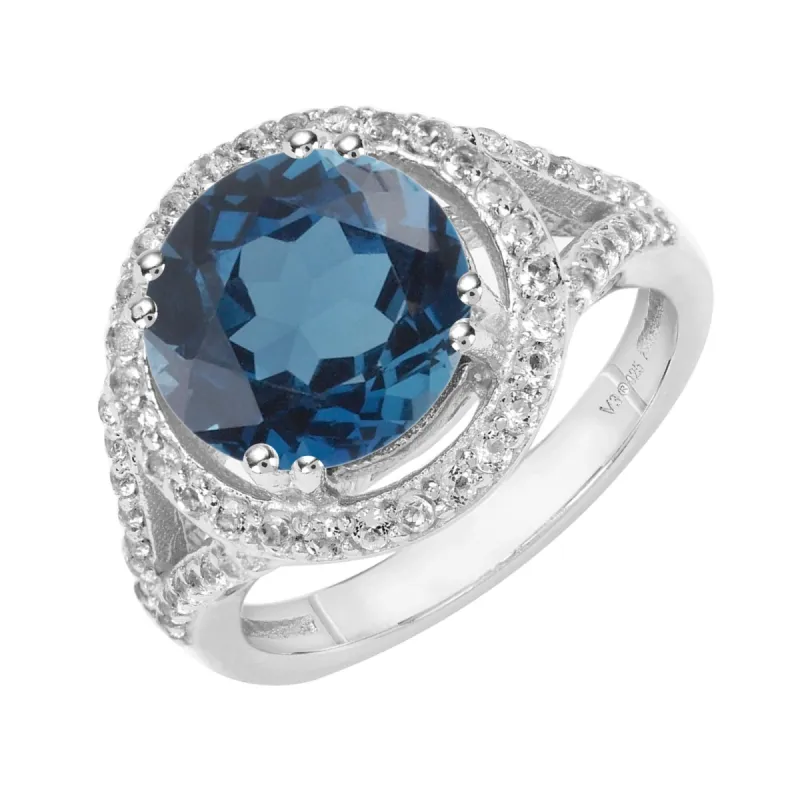 Sterling Silver 4.85CTTW Natural London Blue Topaz and White Topaz Halo Ring sold by Zulily