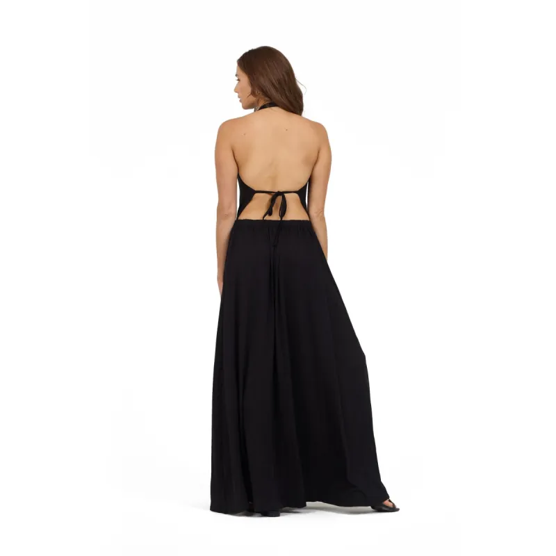 GO Couture Maxi Dress Halter Plunge Neck Tie Waist High Slit sold by Zulily