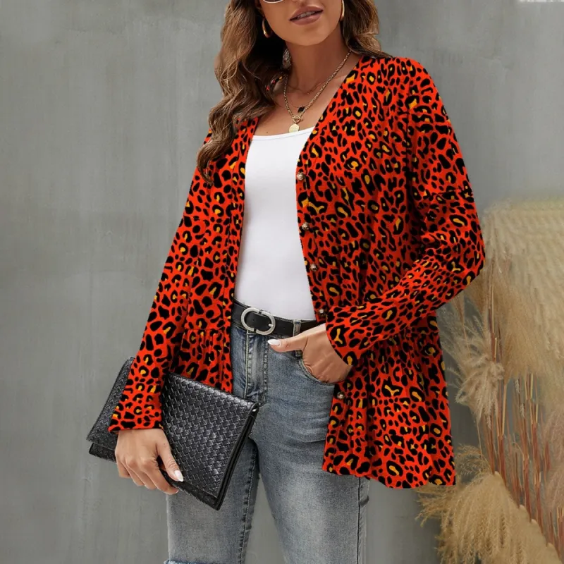 Red Leopard Ruffled Button Up Long Sleeve Cardigan sold by Zulily