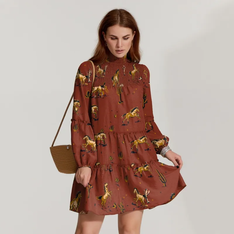 Rust Red Horse Print Smocked Turtleneck Balloon Sleeve Mini Dress sold by Zulily