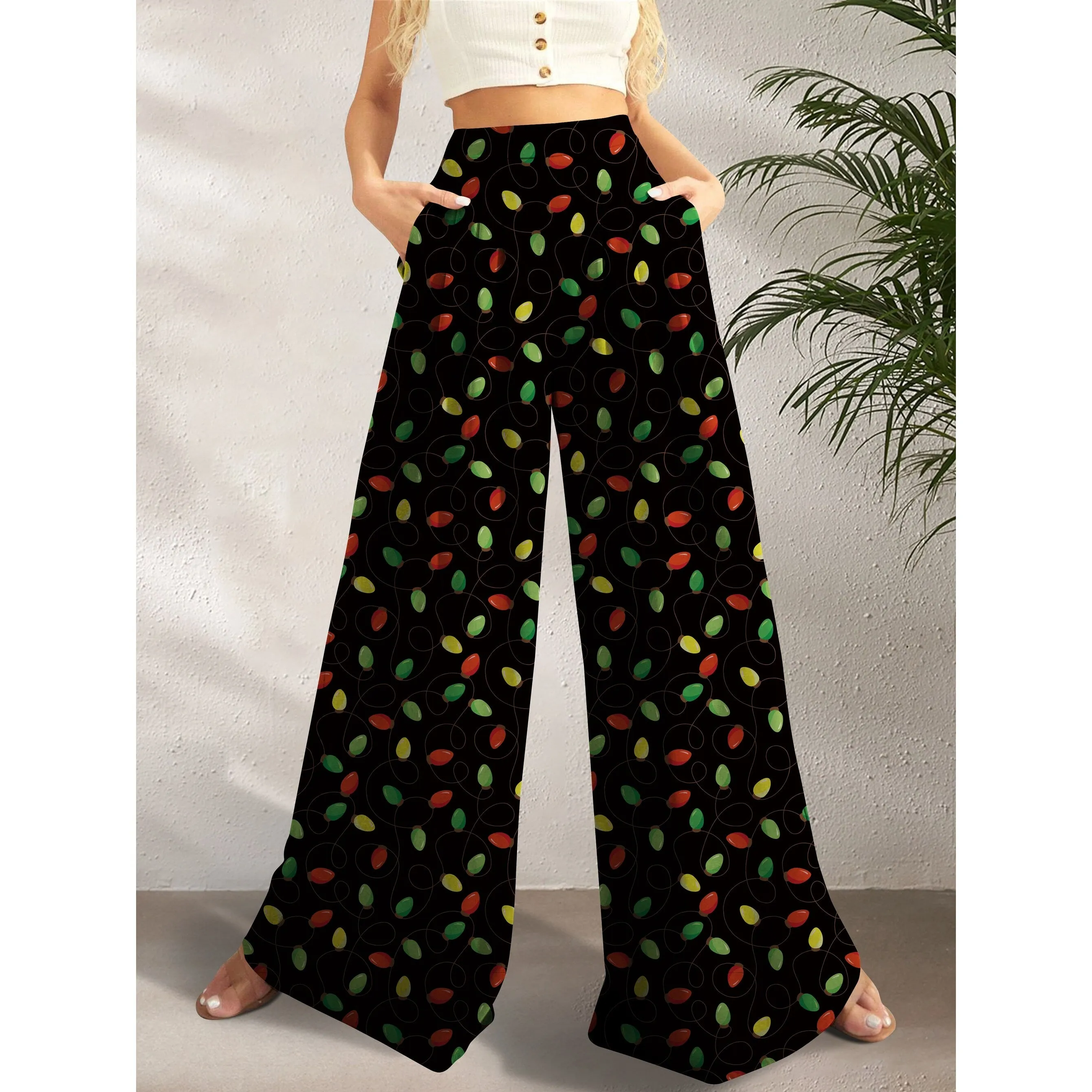 Black & Multi Color Holiday Lights Print High Waist Wide Leg Pants sold by Zulily