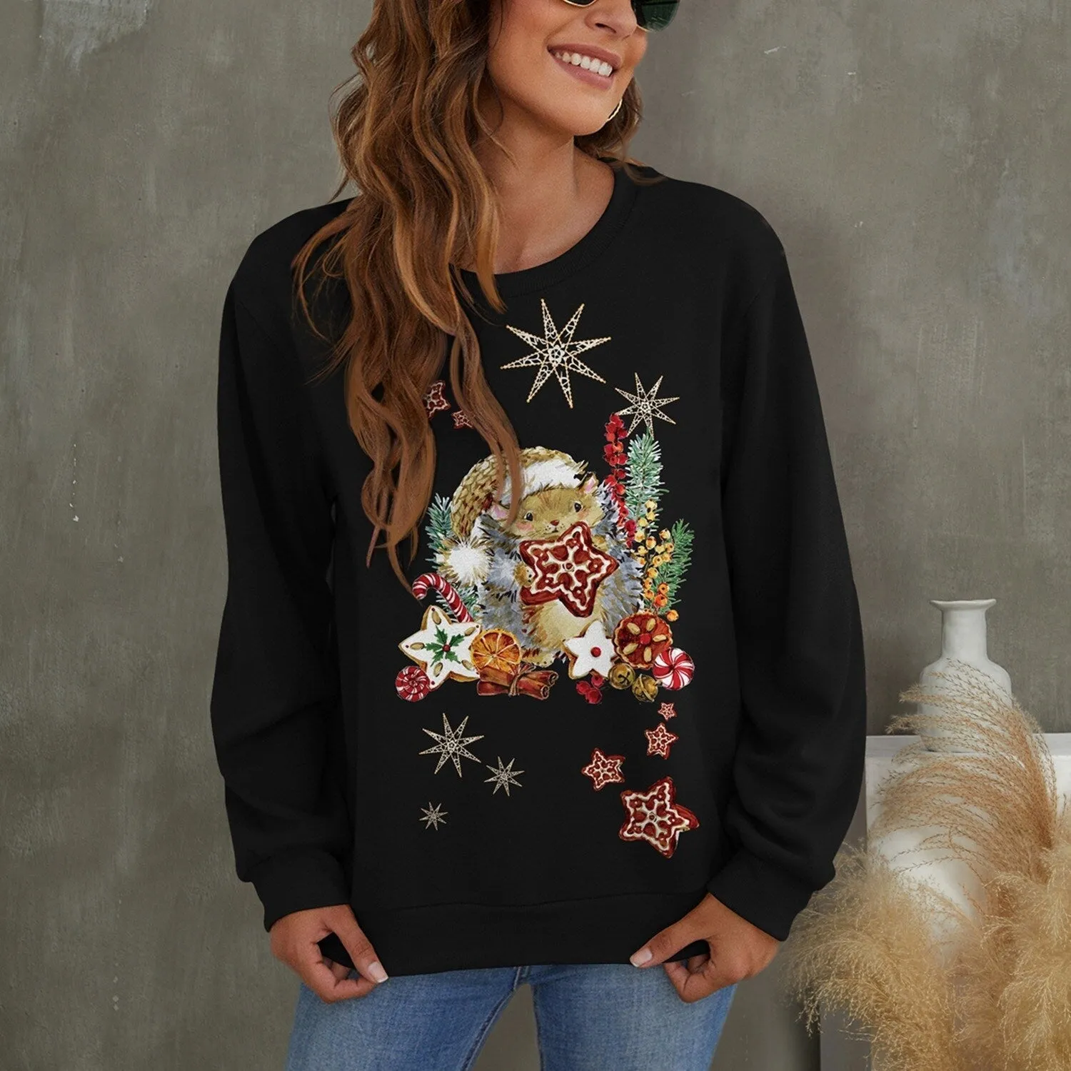 Black Christmas Hedgehog Round Neck Long Sleeve Top sold by Zulily product image thumbnail 2