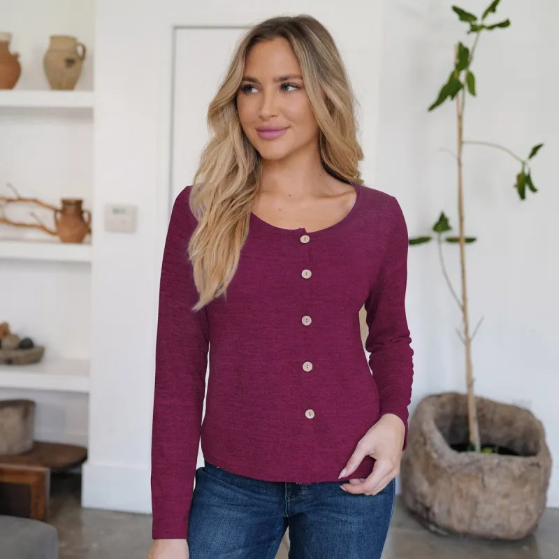 Dark Fuchsia Button Up Round Neck Long Sleeve Cardigan sold by Zulily