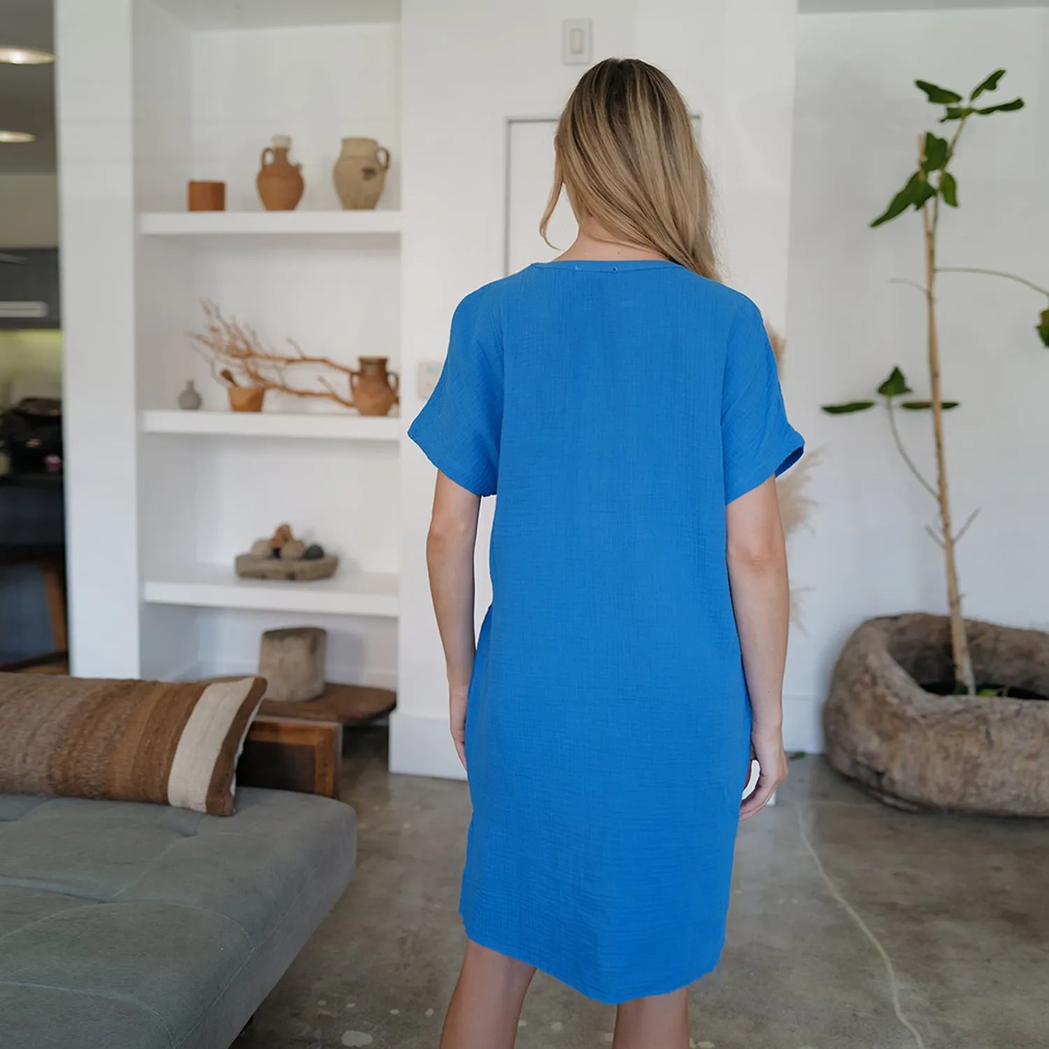 Blue Crinkle Slit Notched Short Sleeve Mini Dress sold by Zulily product image thumbnail 3