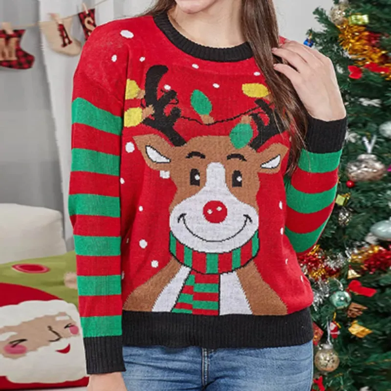 Red & Green Stripe & Christmas Reindeer Round Neck Sweater made by Zulily