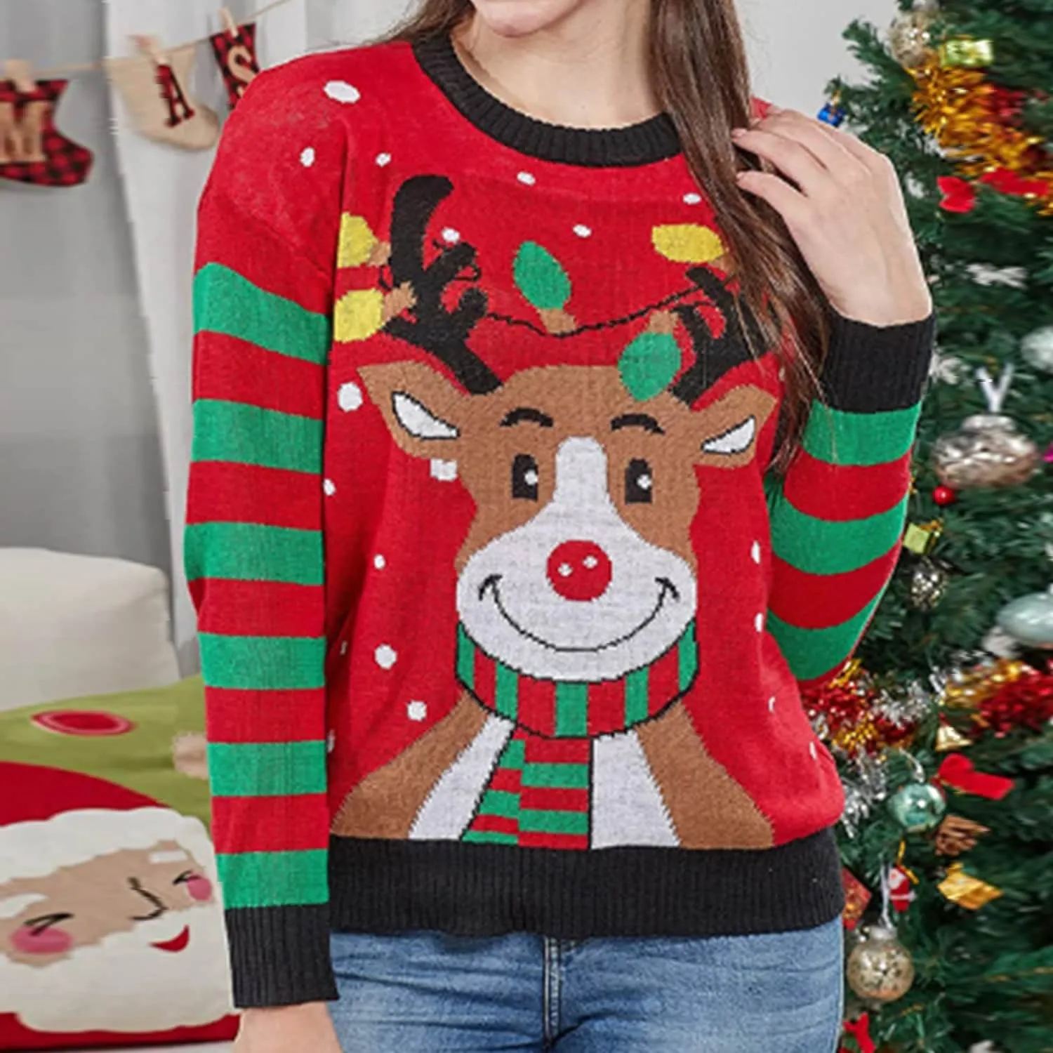 Red & Green Stripe & Christmas Reindeer Round Neck Sweater sold by Zulily