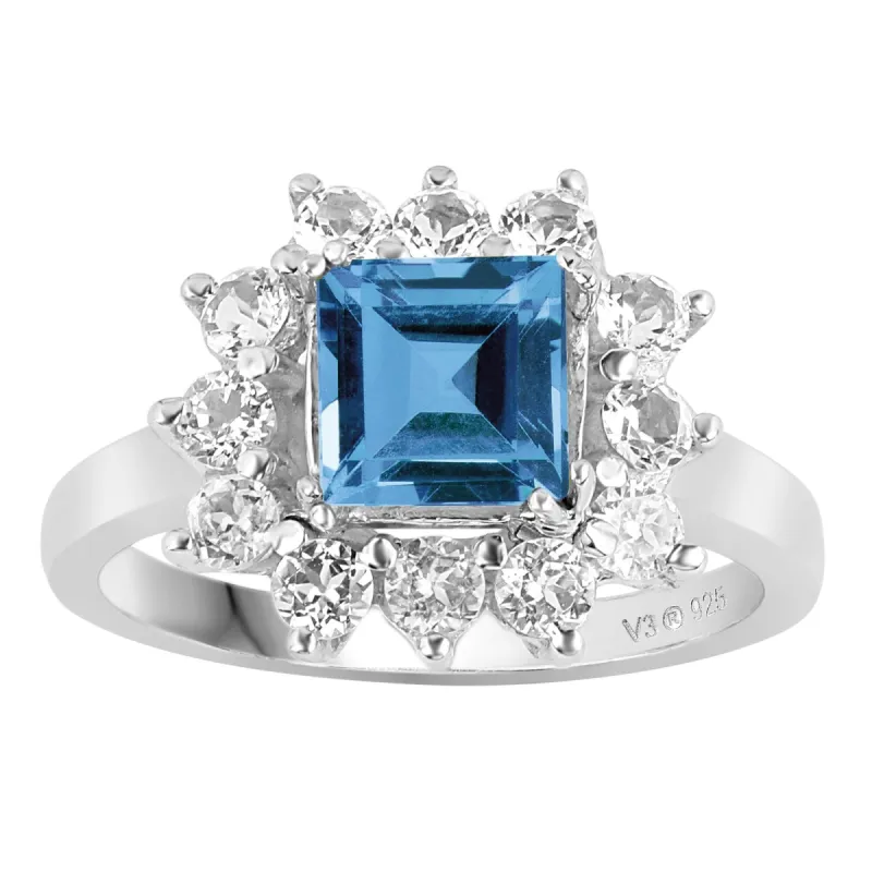 Sterling Silver 1.40ct Natural London Blue Topaz and White Topaz Halo Ring sold by Zulily