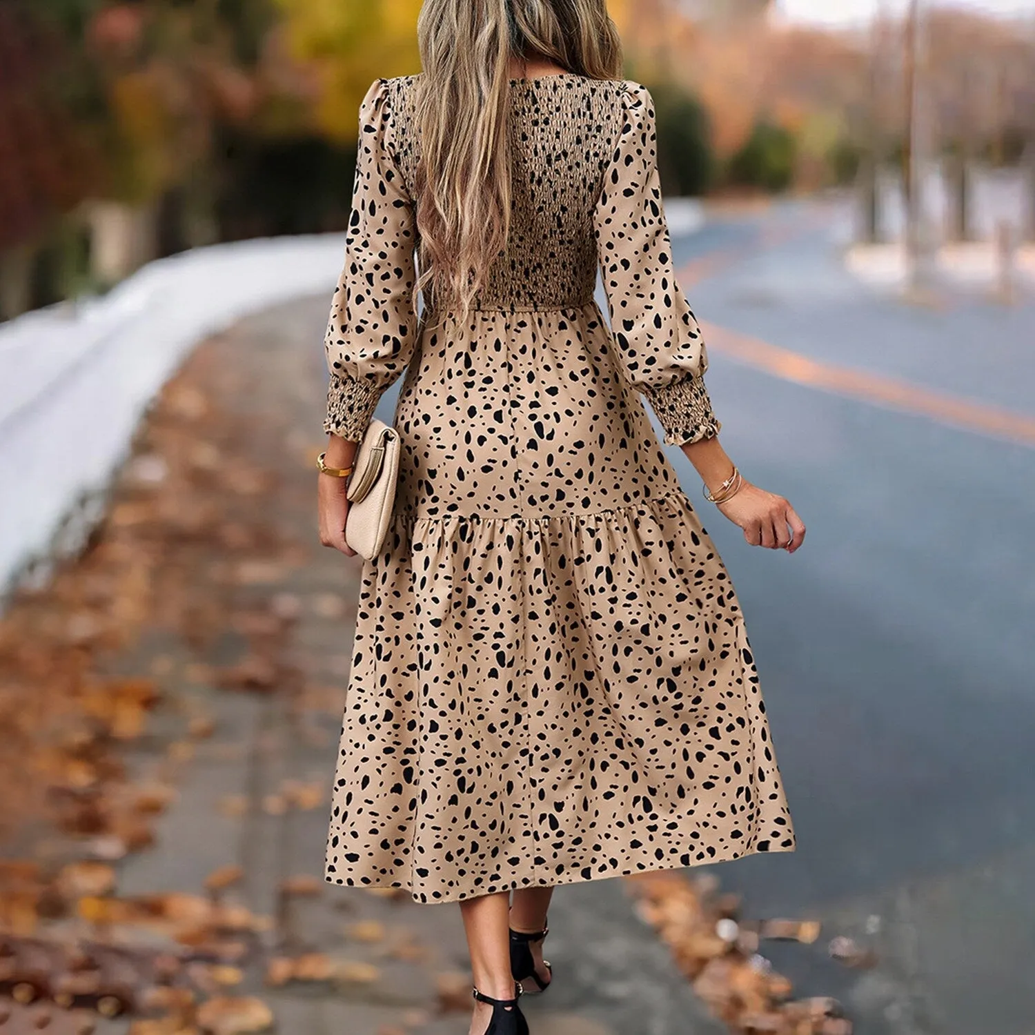 Khaki Leopard Print Smocked Peasant Dress sold by Zulily product image thumbnail 2