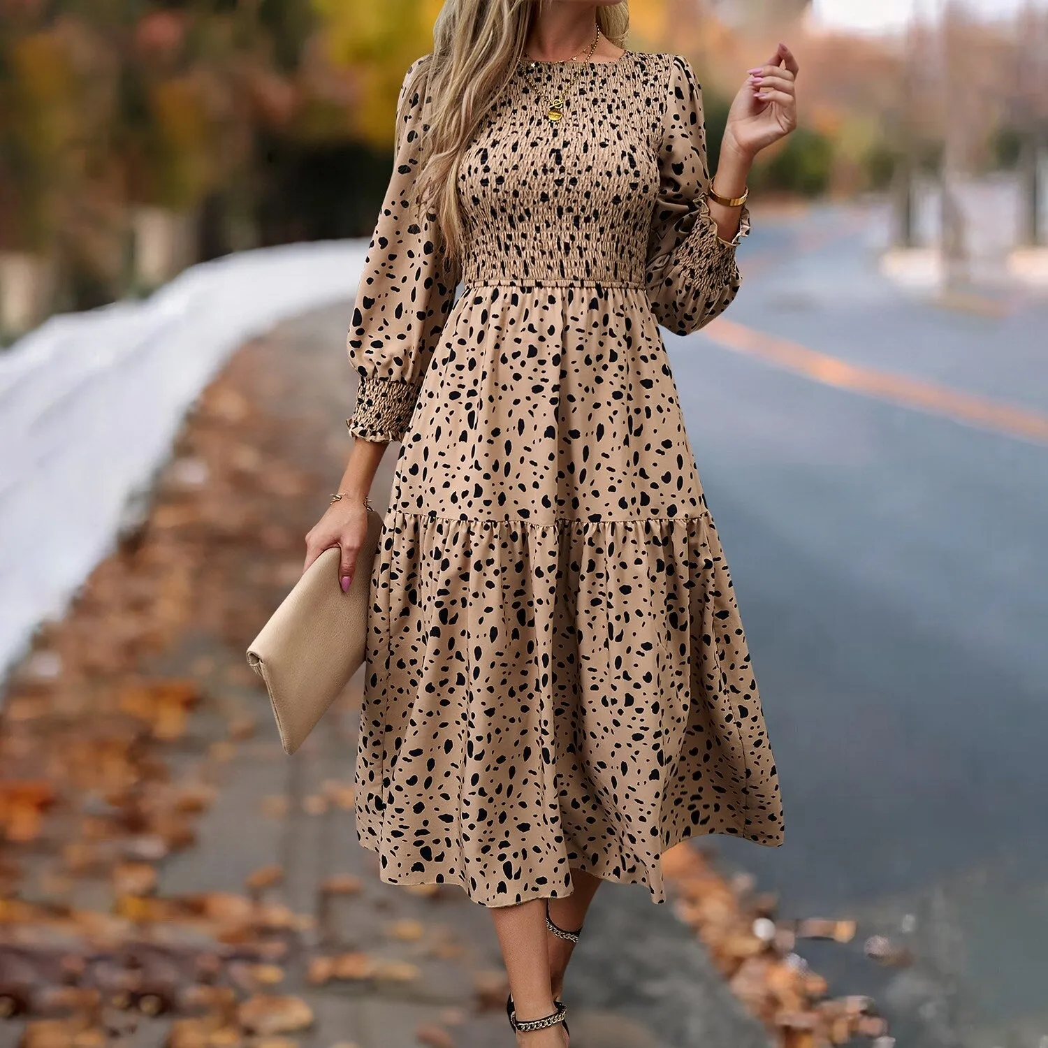 Khaki Leopard Print Smocked Peasant Dress sold by Zulily product image thumbnail 5