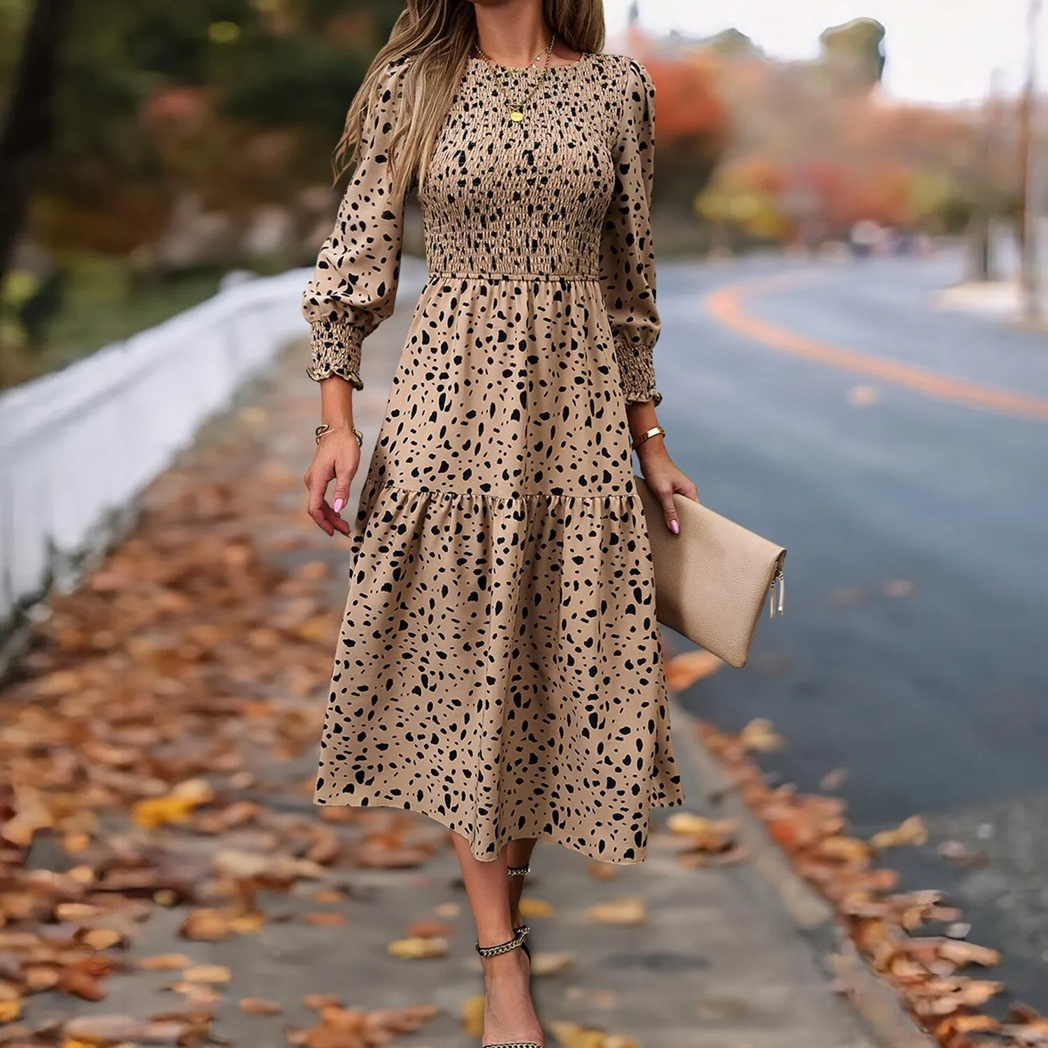 Khaki Leopard Print Smocked Peasant Dress sold by Zulily