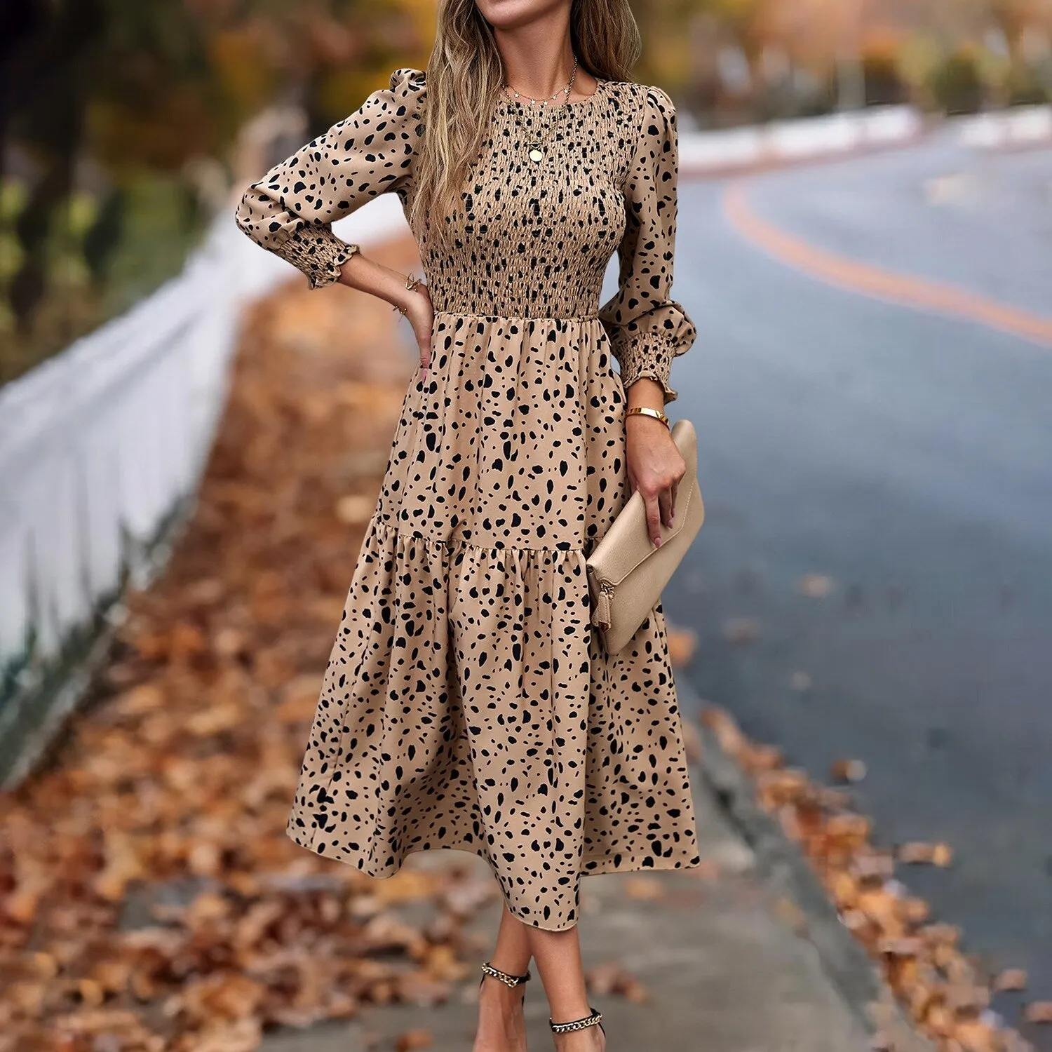 Khaki Leopard Print Smocked Peasant Dress sold by Zulily product image thumbnail 4