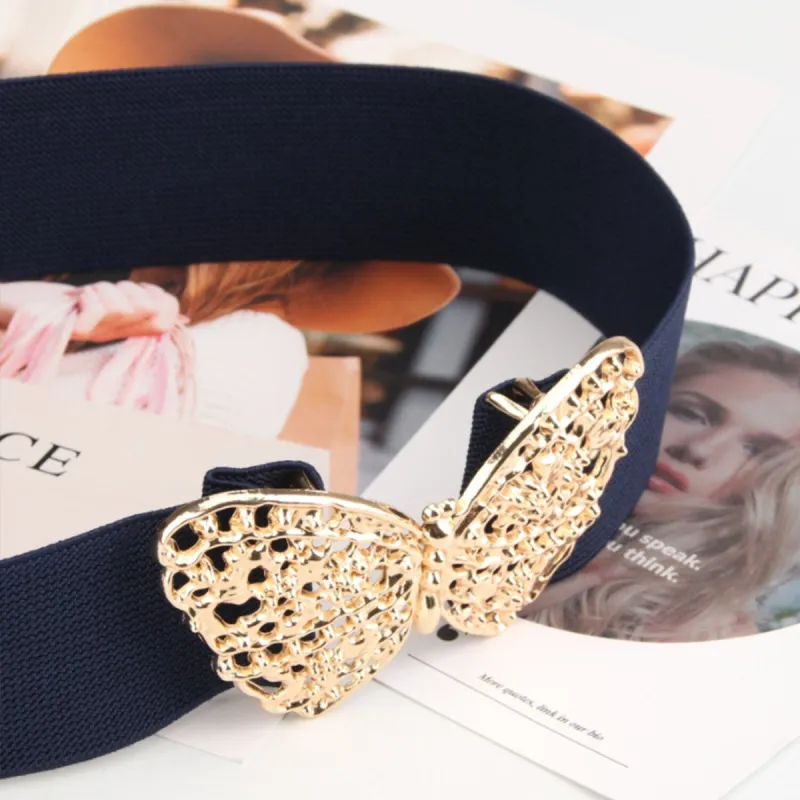 Navy Butterfly Alloy Buckle Elastic Belt sold by Zulily