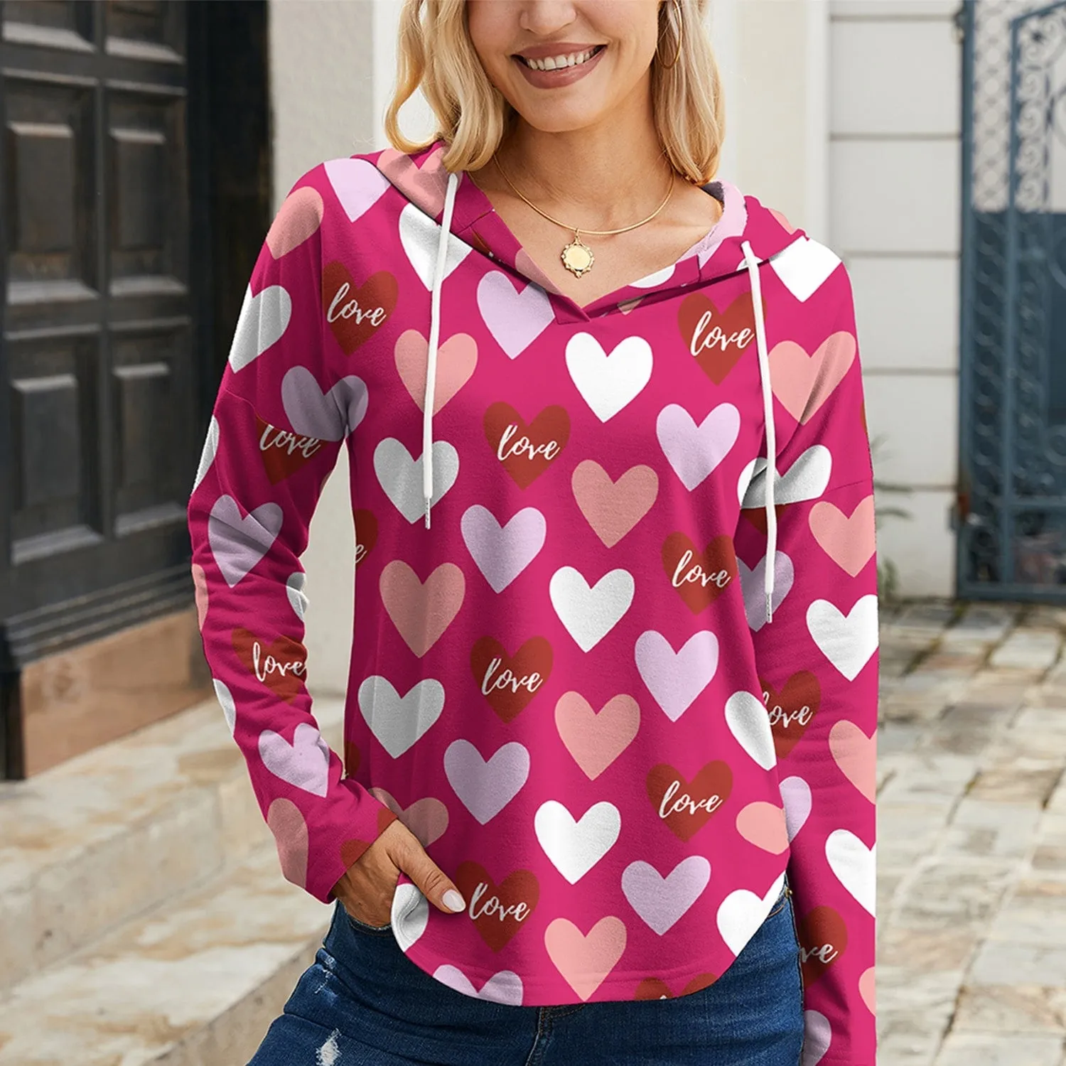 Pink Heart Print Drawstring Long Sleeve Hoodie sold by Zulily product image thumbnail 3