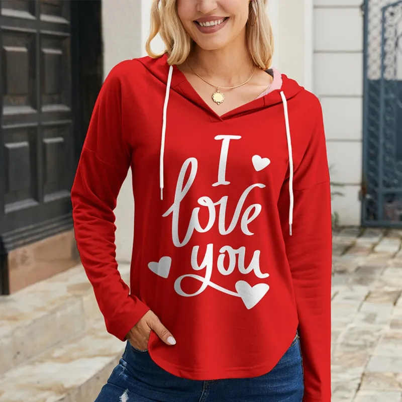 Red "I LOVE YOU" Print Drawstring Long Sleeve Hoodie sold by Zulily