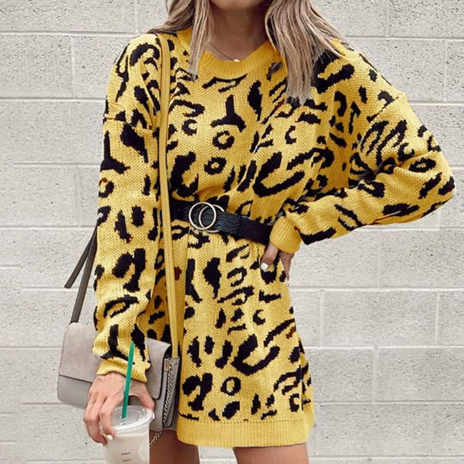 Yellow Leopard Round Neck Tunic Sweater sold by Zulily