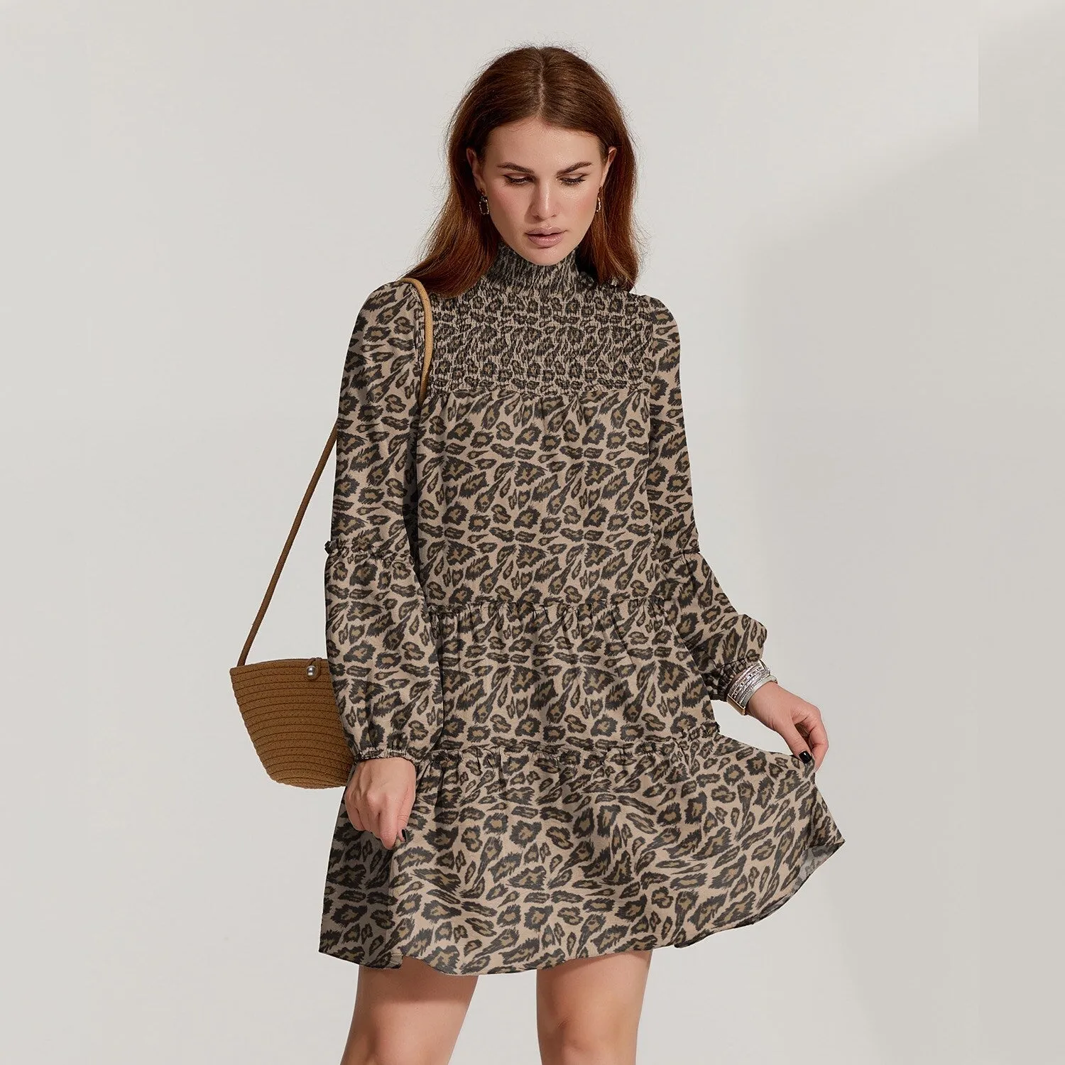 Brown Leopard Print Smocked Turtleneck Balloon Sleeve Mini Dress sold by Zulily product image thumbnail 2