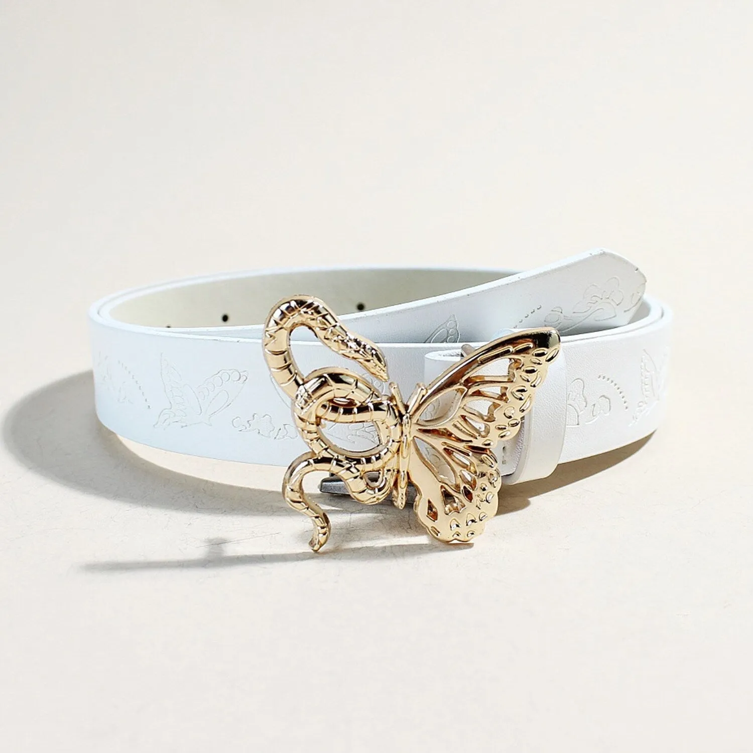 White & Golden Butterfly Alloy PU Leather Belt sold by Zulily