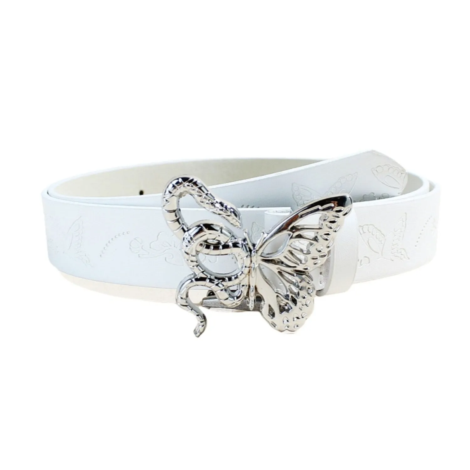 White & Silver Butterfly Alloy PU Leather Belt sold by Zulily