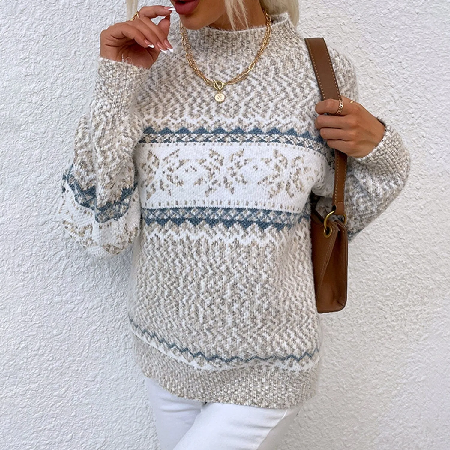 Khaki Snowflake Mock Neck Sweater sold by Zulily