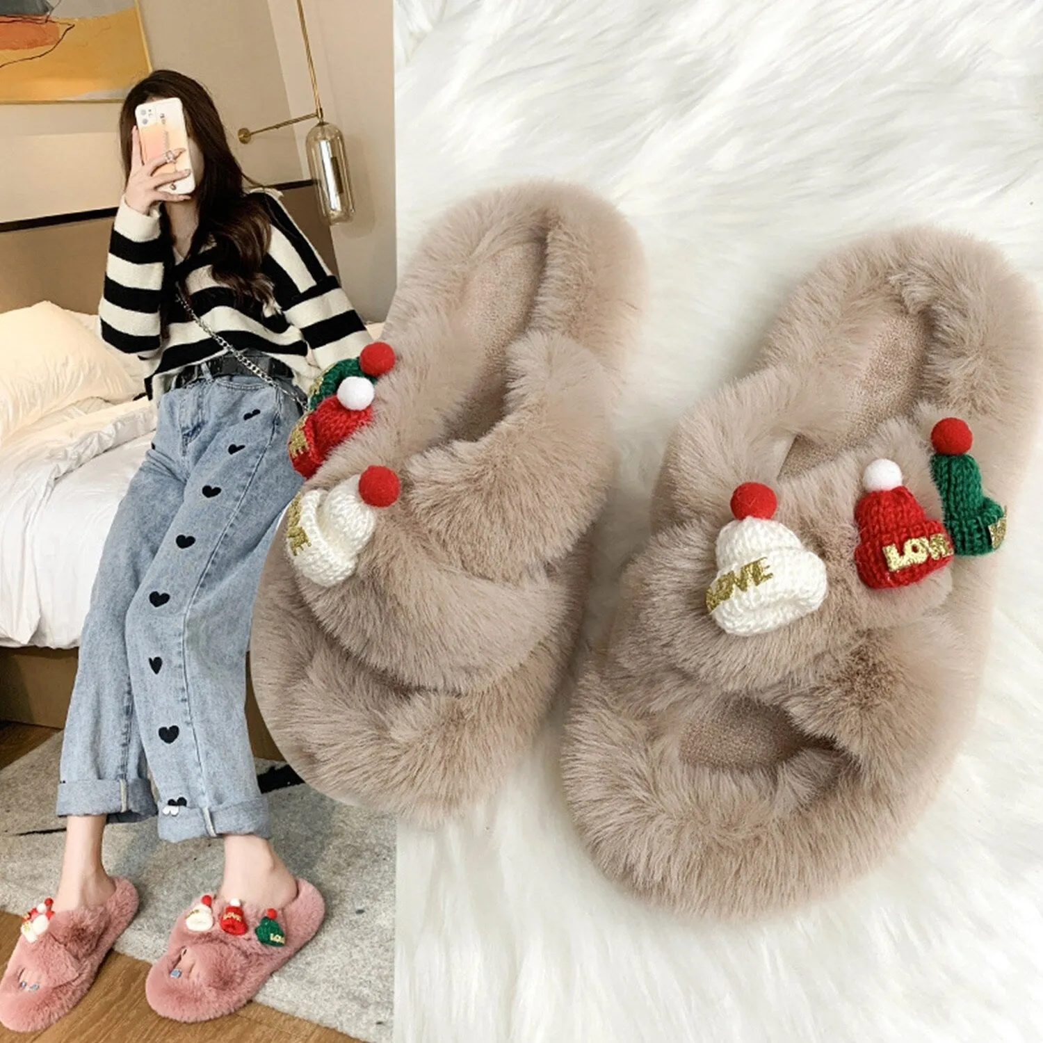 Khaki Santa Hat Furry Cross Band Slippers sold by Zulily product image thumbnail 2