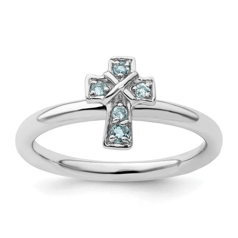 Curata 925 Sterling Silver Stackable Rhodium Aquamarine Cross Ring 2.25mm sold by Zulily