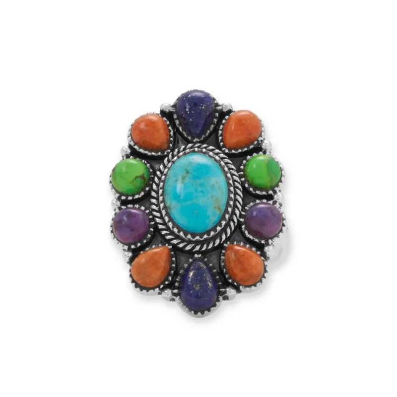 Curata 925 Sterling Silver Oxidized Oval Multi Stone Blue Simulated Turquoise Center Flower Ring sold by Zulily
