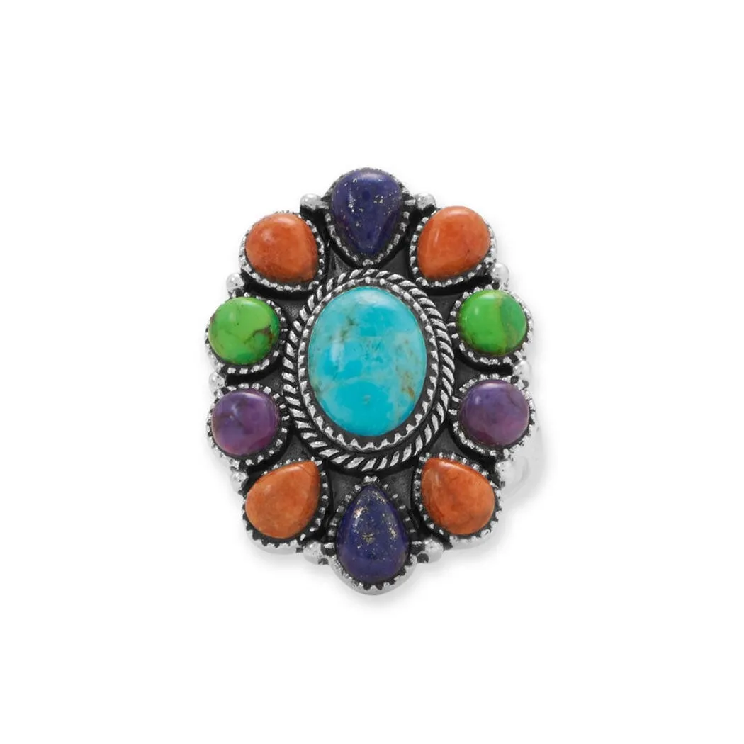 Curata 925 Sterling Silver Oxidized Oval Multi Stone Blue Simulated Turquoise Center Flower Ring sold by Zulily