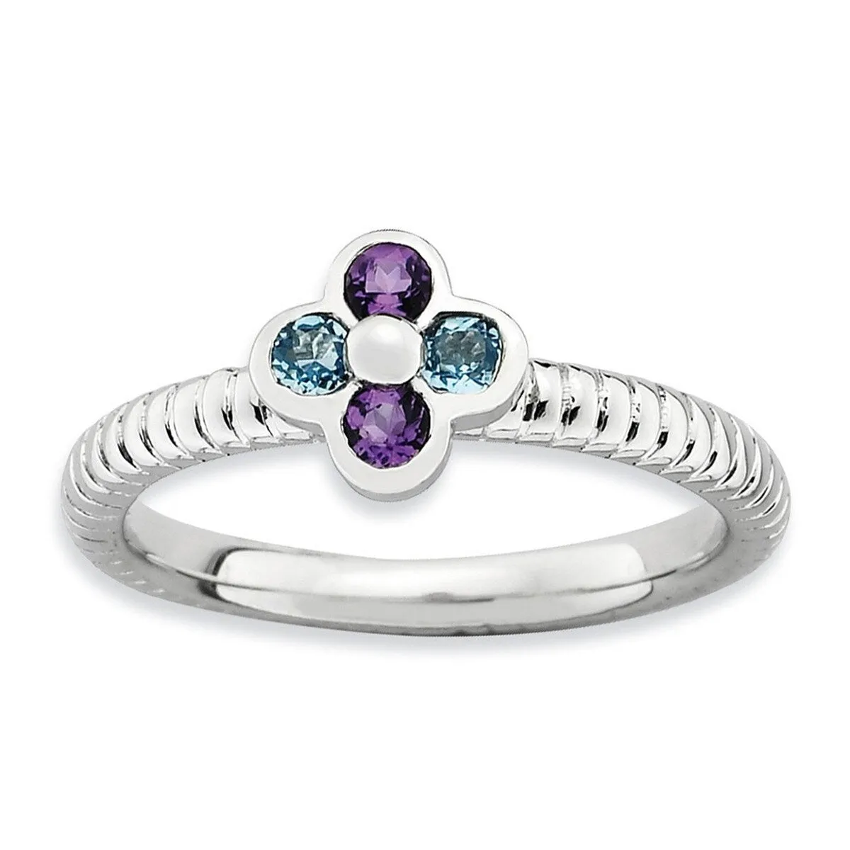 Curata 925 Sterling Silver Bezel Polished Stackable Blue Topaz and Amethyst Flower Ring sold by Zulily product image thumbnail 3