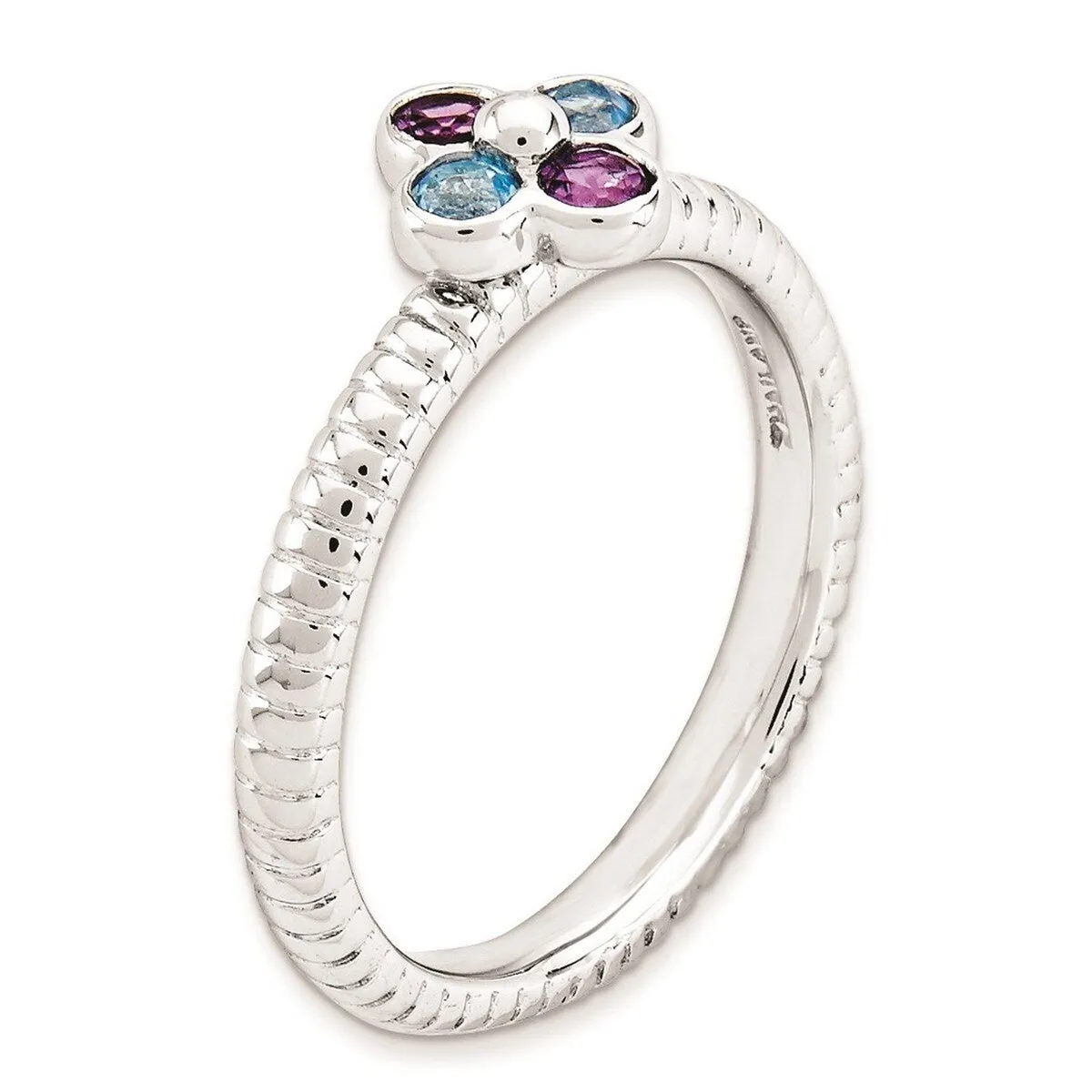 Curata 925 Sterling Silver Bezel Polished Stackable Blue Topaz and Amethyst Flower Ring sold by Zulily