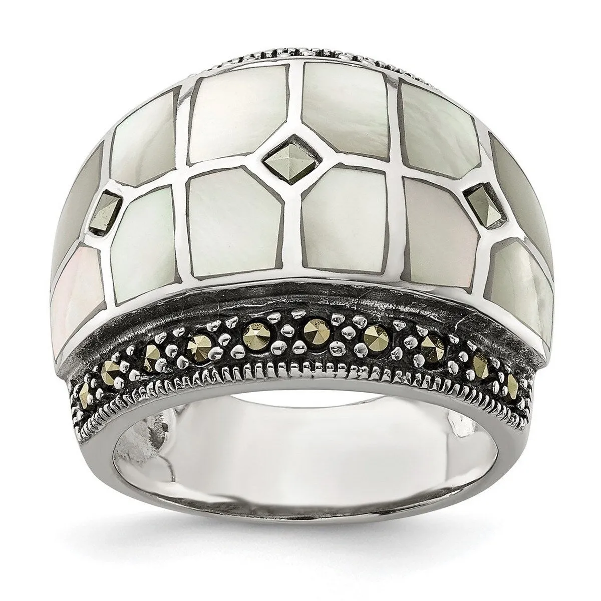 Curata 925 Sterling Silver Textured Marcasite Simulated Mother of Pearl Ring sold by Zulily product image thumbnail 3