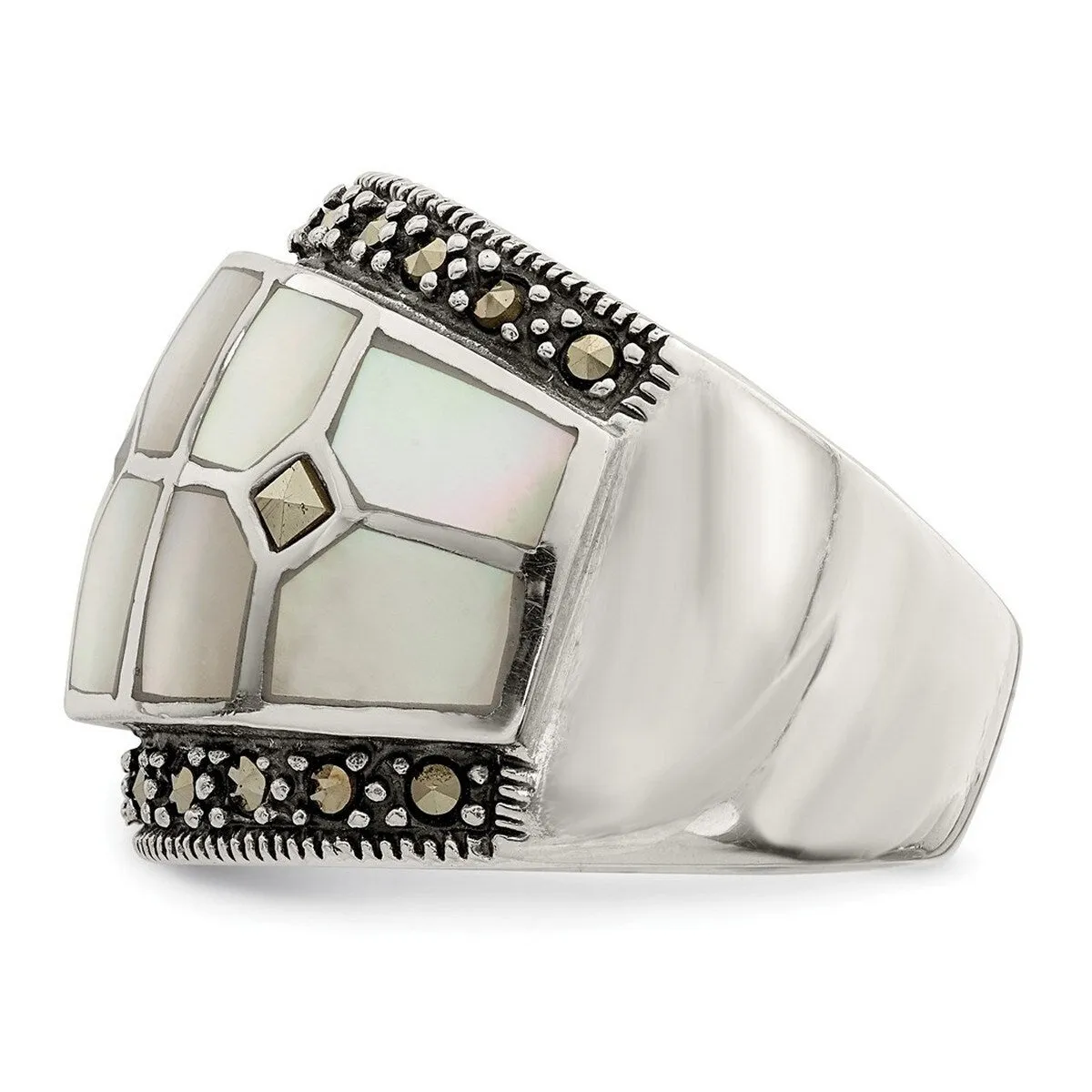 Curata 925 Sterling Silver Textured Marcasite Simulated Mother of Pearl Ring sold by Zulily product image thumbnail 2
