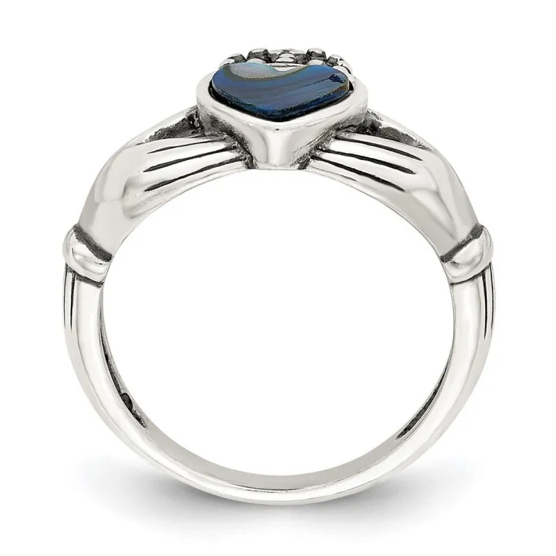 Curata 925 Sterling Silver Abalone Enamel Irish Claddagh Celtic Trinity Knot Artisan Oxidized Ring sold by Zulily