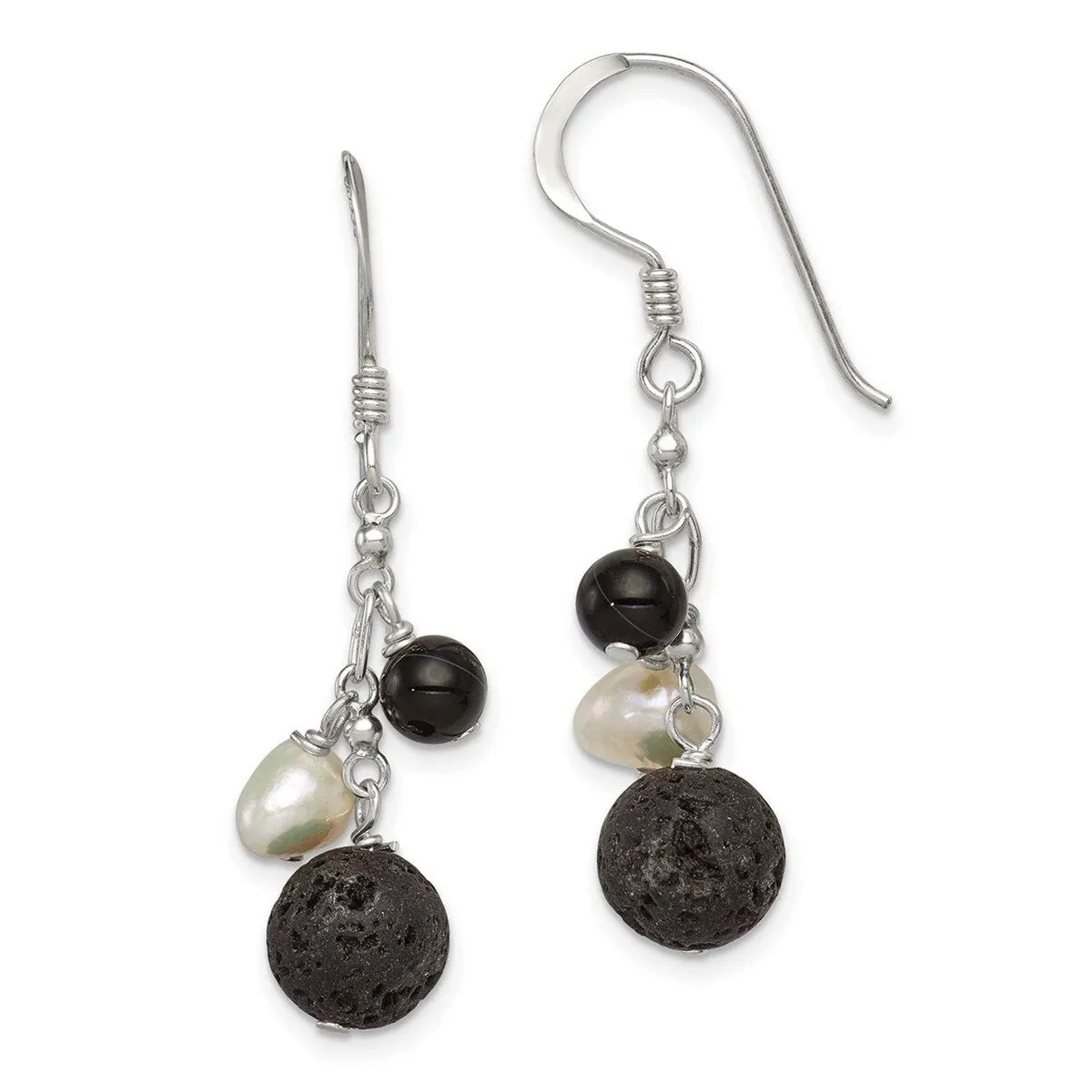 Curata 925 Sterling Silver Freshwater Cultured Pearl Black Agate Lava Rock Dangle Earrings - 42x9mm sold by Zulily product image thumbnail 5