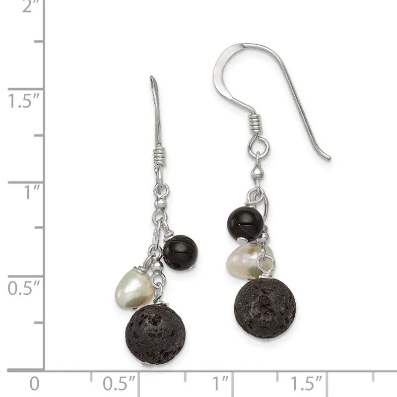 Curata 925 Sterling Silver Freshwater Cultured Pearl Black Agate Lava Rock Dangle Earrings - 42x9mm sold by Zulily