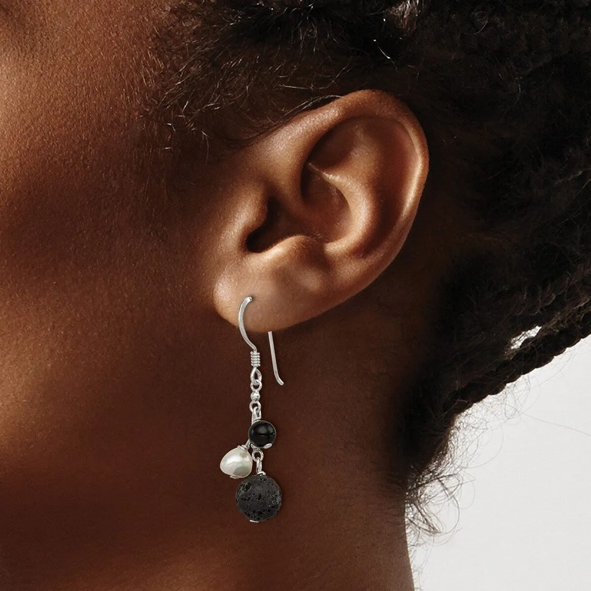 Curata 925 Sterling Silver Freshwater Cultured Pearl Black Agate Lava Rock Dangle Earrings - 42x9mm sold by Zulily product image thumbnail 4