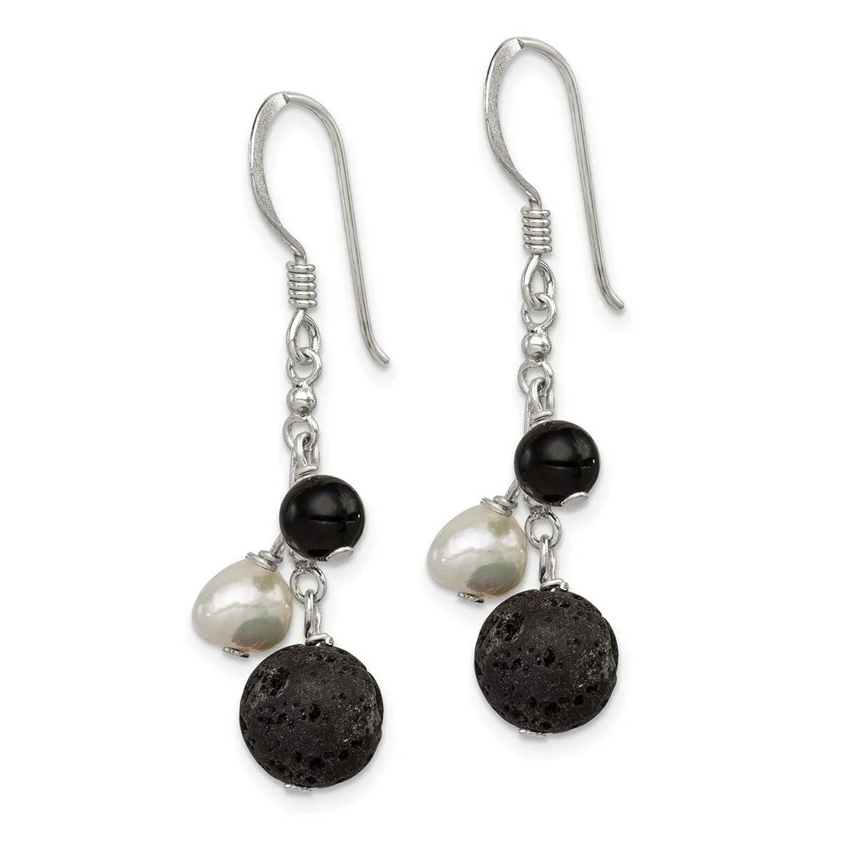 Curata 925 Sterling Silver Freshwater Cultured Pearl Black Agate Lava Rock Dangle Earrings - 42x9mm sold by Zulily product image thumbnail 2