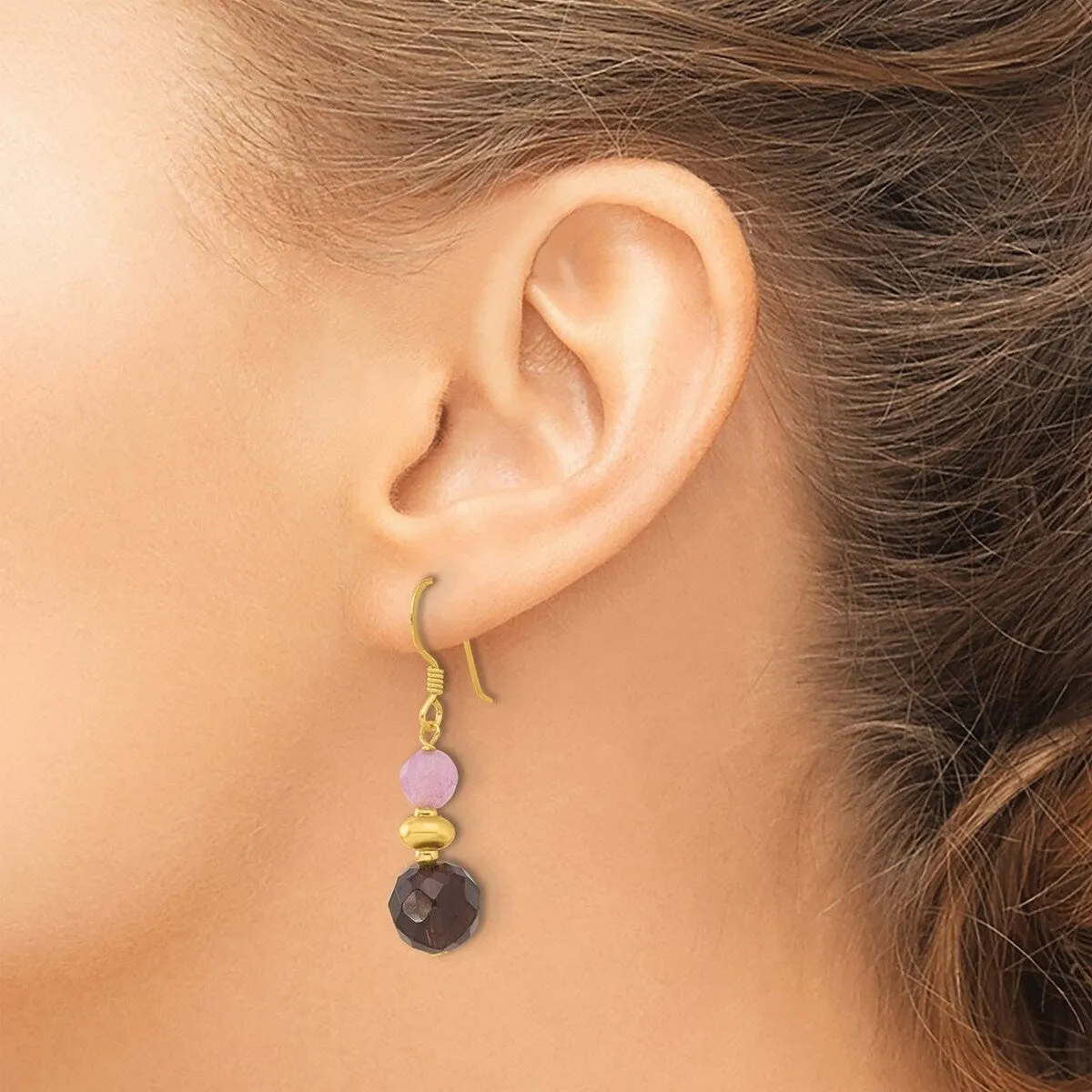 Curata 925 Sterling Silver Gold Plated Pink Dyed Jade and Smoky Quartz Earrings - 40.5x10mm sold by Zulily product image thumbnail 2