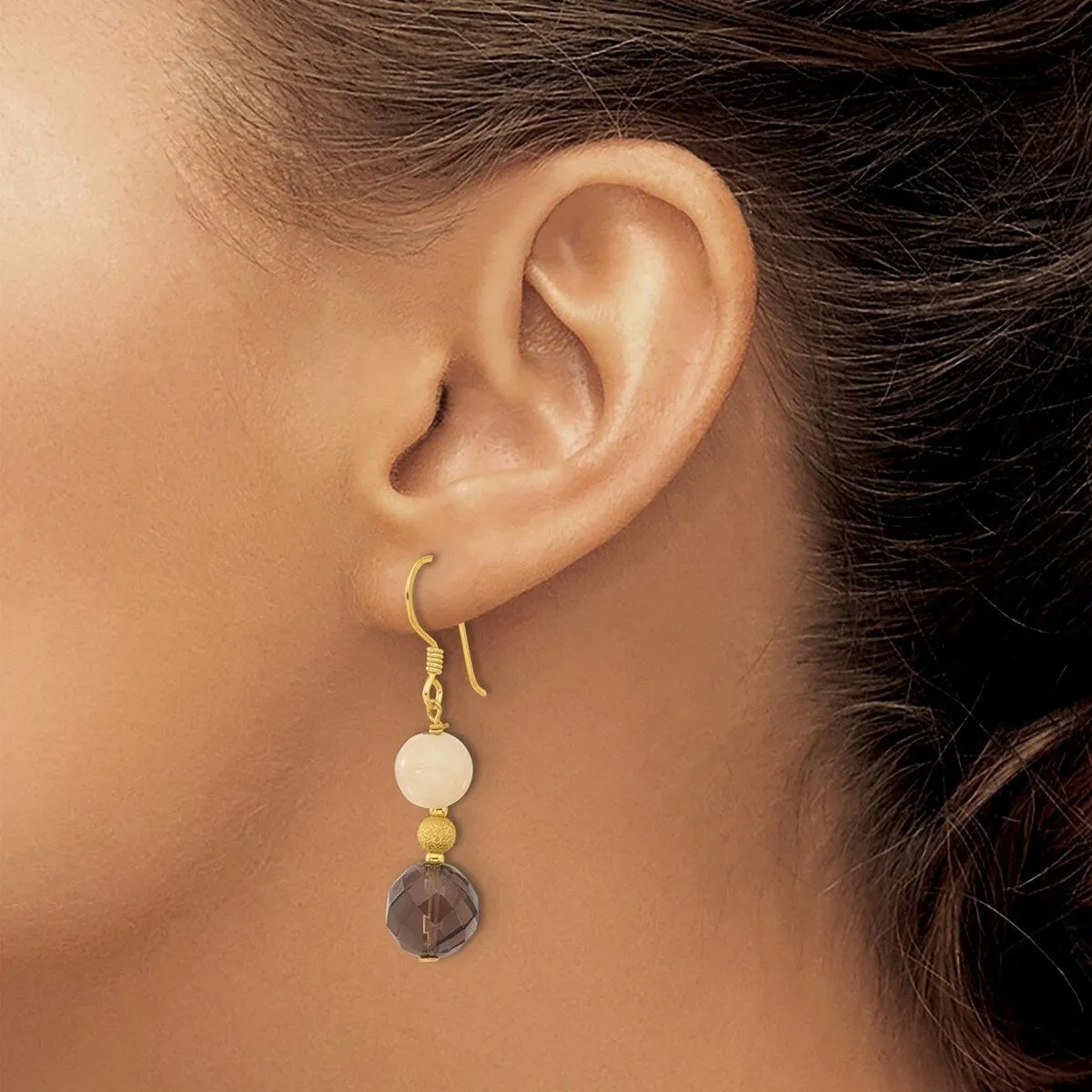 Curata 925 Sterling Silver Gold Plated Polished Yellow Jade And Smoky Quartz Beaded Dangle Earrings - sold by Zulily product image thumbnail 2