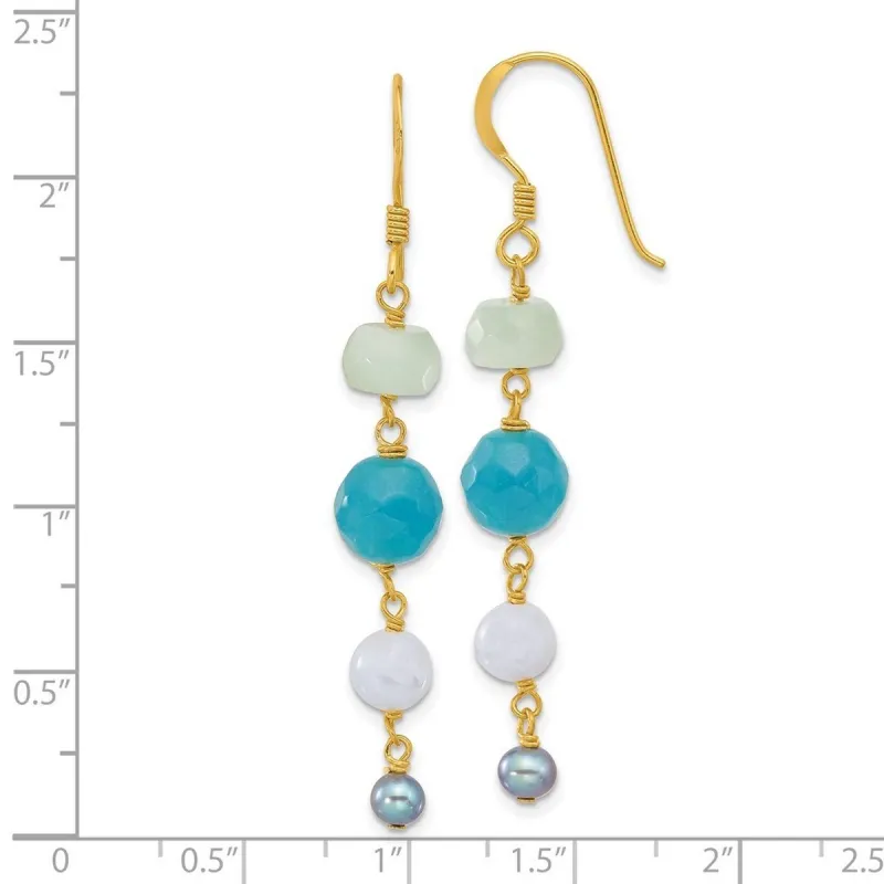 Curata 925 Sterling Silver Gold Plated Freshwater Cultured Pearl Amazonite Agate Dyed Jade Earrings - 58x8.35mm sold by Zulily