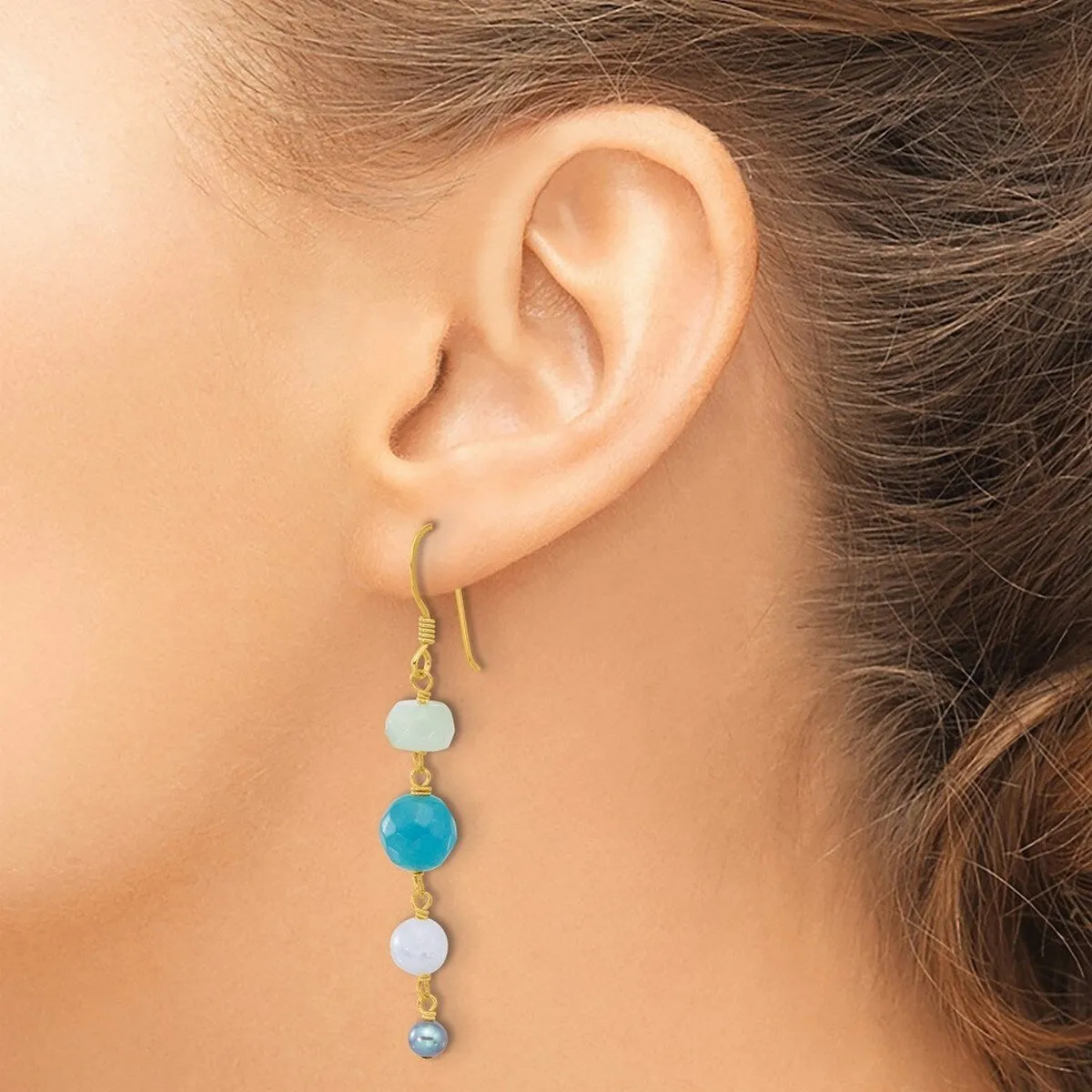 Curata 925 Sterling Silver Gold Plated Freshwater Cultured Pearl Amazonite Agate Dyed Jade Earrings - 58x8.35mm sold by Zulily product image thumbnail 4