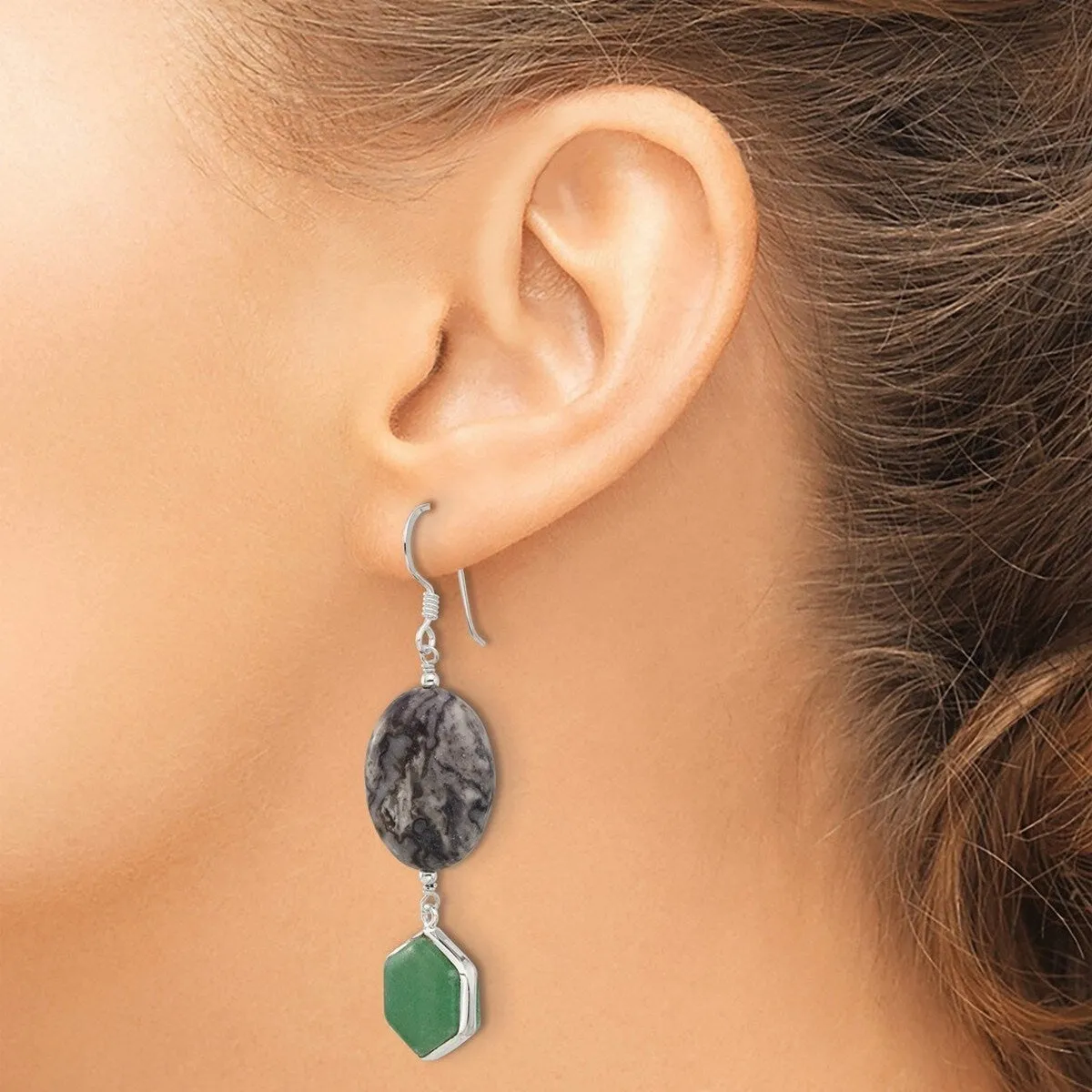 Curata 925 Sterling Silver Green Aventurine and Leopard Jasper Dangle Earrings - 60x14.8mm sold by Zulily product image thumbnail 4