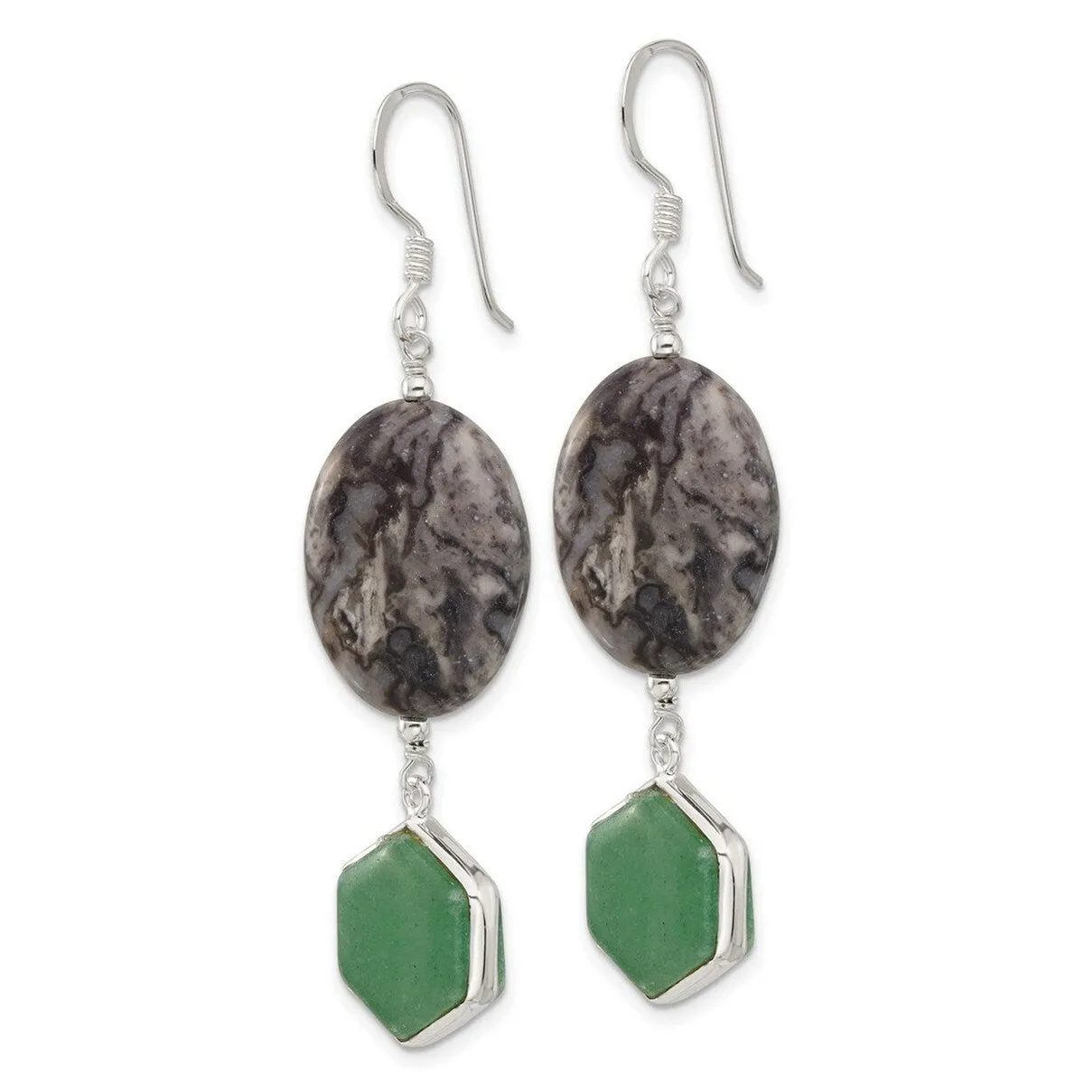 Curata 925 Sterling Silver Green Aventurine and Leopard Jasper Dangle Earrings - 60x14.8mm sold by Zulily