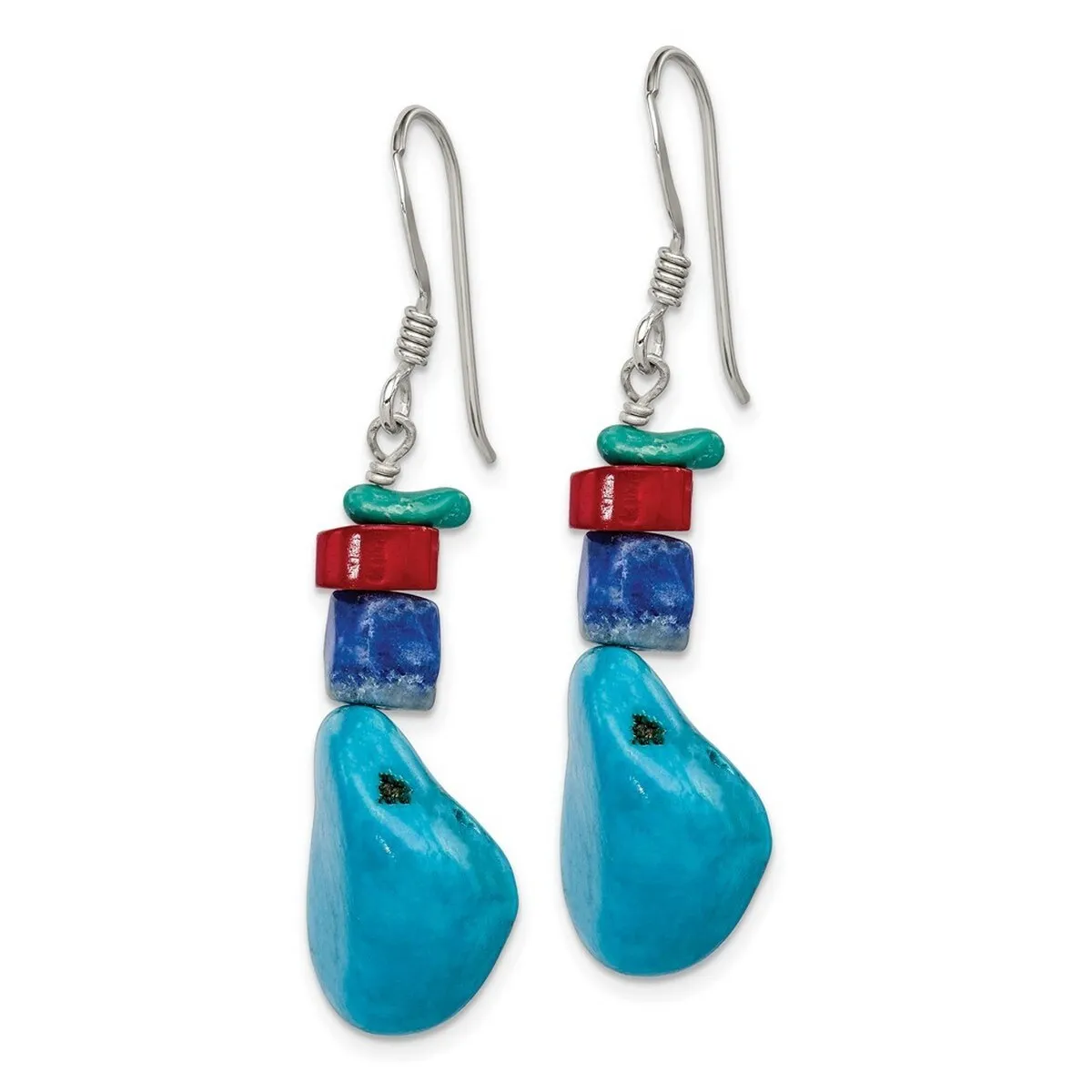 Curata 925 Sterling Silver Hook Red Simulated Coral Howlite Lapis and Simulated Turquoise Dangle Earrings - sold by Zulily product image thumbnail 3