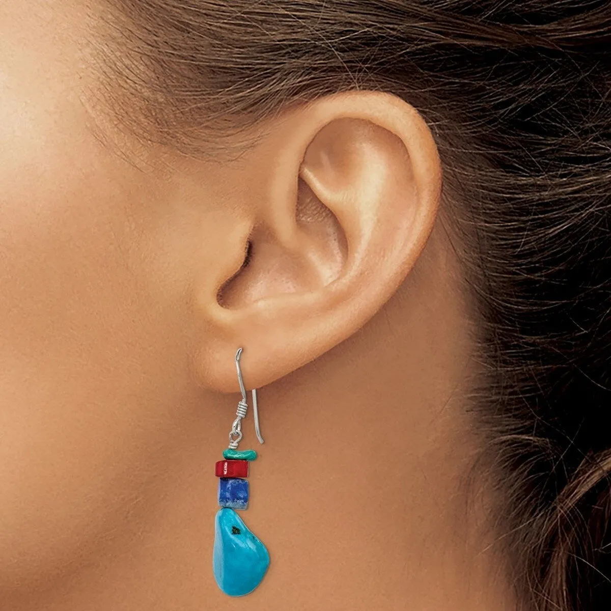 Curata 925 Sterling Silver Hook Red Simulated Coral Howlite Lapis and Simulated Turquoise Dangle Earrings - sold by Zulily