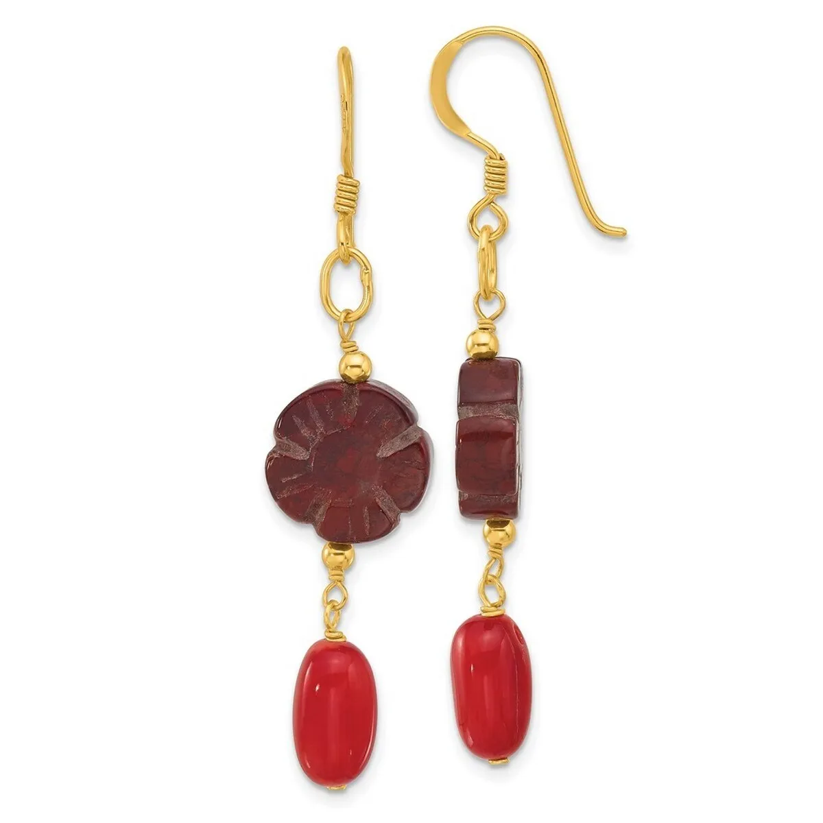 Curata 925 Sterling Silver Gold Plated Simulated Coral and Red Jasper Flower Earrings - 56.3x12mm sold by Zulily