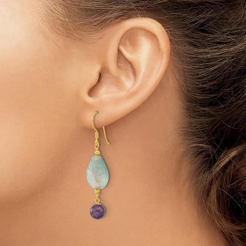 Curata 925 Sterling Silver Gold Plated Amethyst and Fluorite Leaf Earrings - 50.9x12.95mm sold by Zulily
