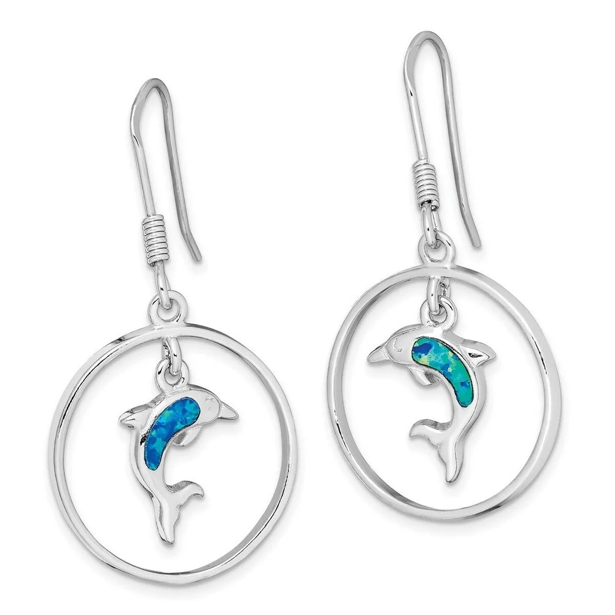 Curata 925 Sterling Silver Polished Hook Circle Simulated Blue Opal Dolphin Dangle Earrings - sold by Zulily product image thumbnail 4