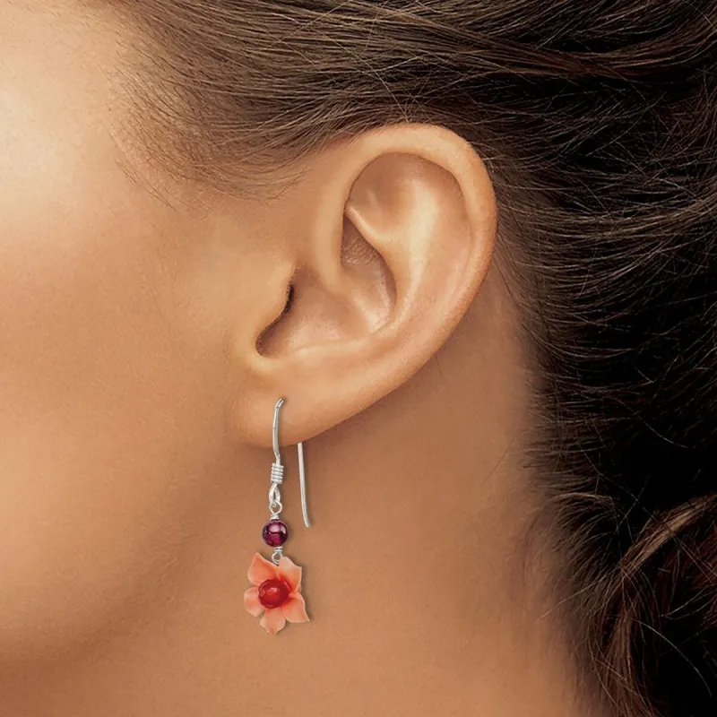 Curata 925 Sterling Silver Carnelian Dangle Garnet Bead Flower Earrings - 35x13mm sold by Zulily