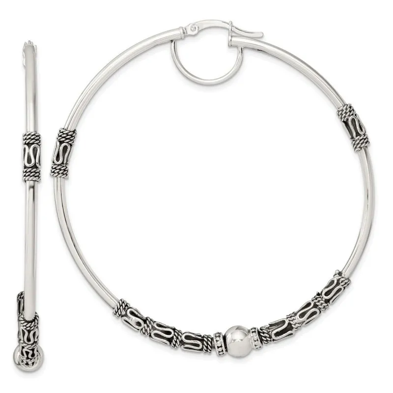 Curata 925 Sterling Silver Beaded Hoop Artisan Oxidized Earrings - 61x5mm sold by Zulily