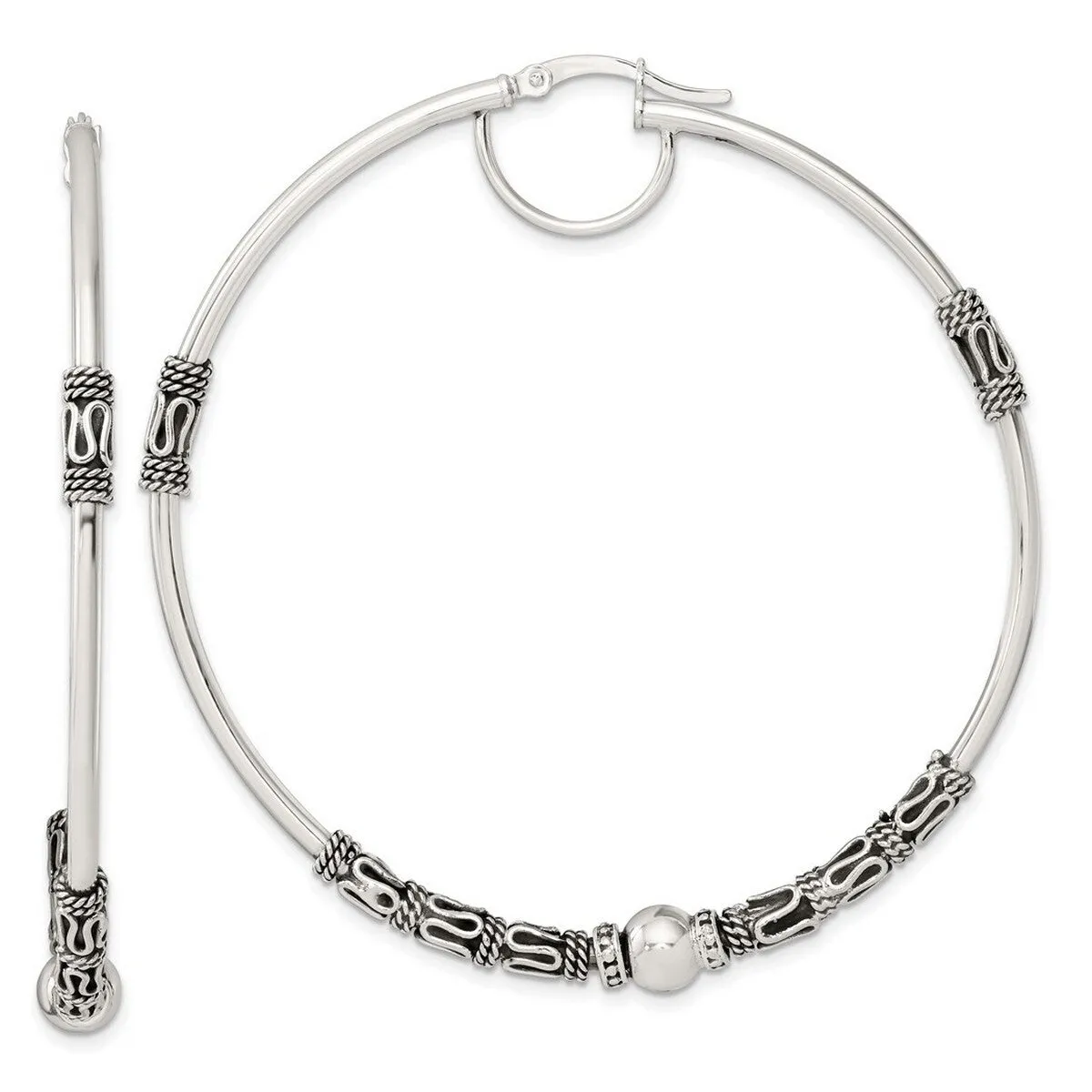 Curata 925 Sterling Silver Beaded Hoop Artisan Oxidized Earrings - 61x5mm sold by Zulily